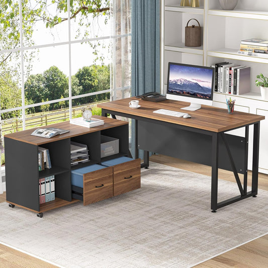 Tribesigns 55-Inch Executive Computer Desk with 43-Inch Lateral File Cabinet, Large Workstation Business Furniture, L Shaped Desk with Drawers and Storage Shelves for Home Office, Walnut