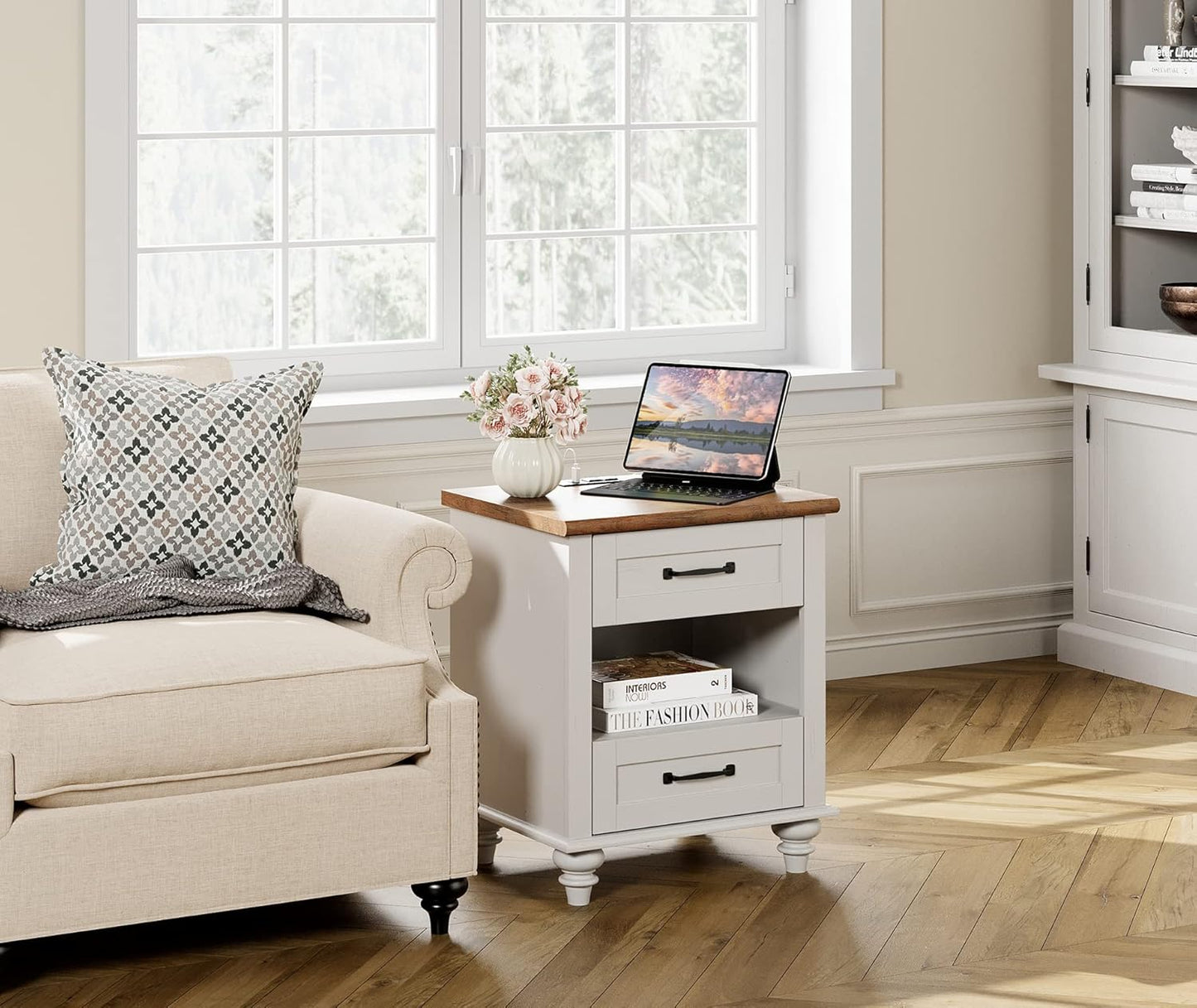 WAMPAT White Side Table with 2 Drawers & Charging Station, Mid Century Nightstand for Bedroom with Power Outlets & USB Ports, Wooden Bedside Table Night Stand with Shelf for Living Room, Antique White