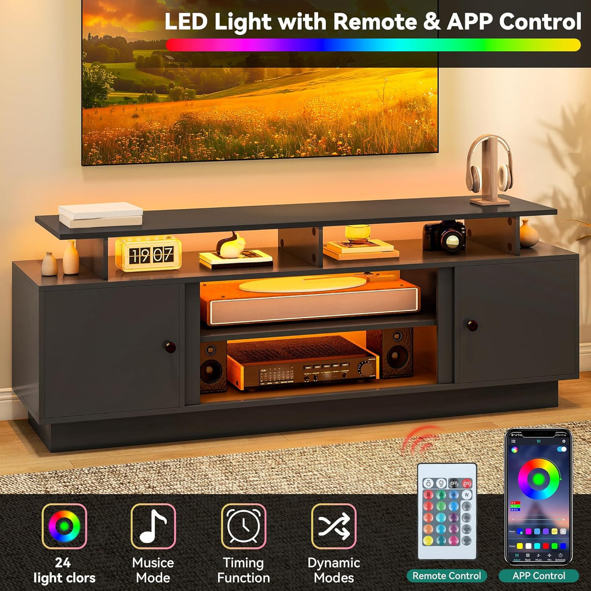 YITAHOME Modern TV Stand with LED Lights for up to 80 Inch TVs, Entertainment Center with Storage Cabinets & Movable Partition for Living Room (Black)