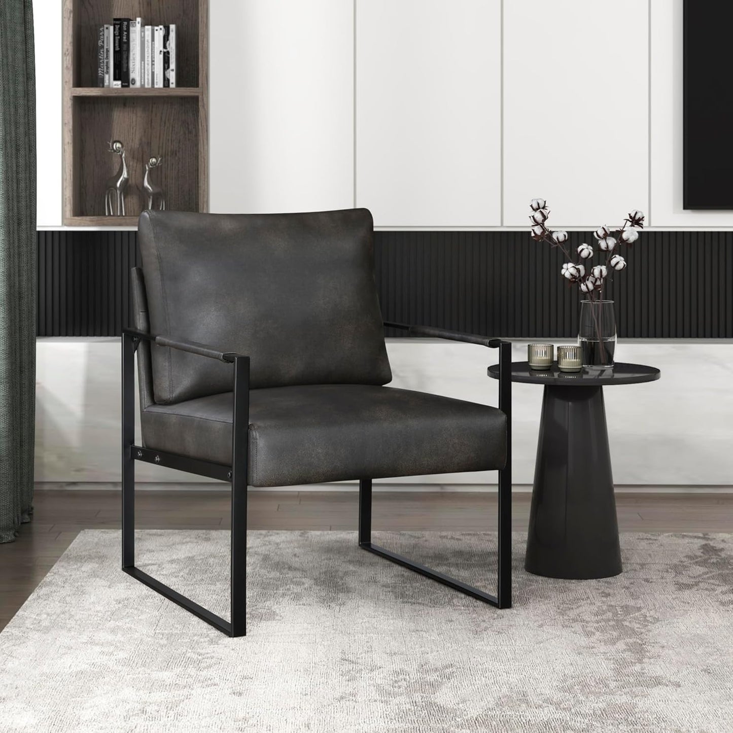 Lexicon Modern Accent Chair, Faux Leather Upholstered Living Room Chair With Wrapped Armrests, Arm Chair With Black Metal Frame,Comfy Single Chair For Living Room/Bedroom/Reading Room/Office,Dark Grey