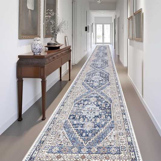 zesthome Washable Runner Rug 2.5x16 - Stain Resistant Entryway Rug,Ultra-Thin Kitchen Rugs, Anti Slip Backing Runner Rugs for Entrance Laundry Room Indoor Hallway (Blue/Beige,2.5'x16')