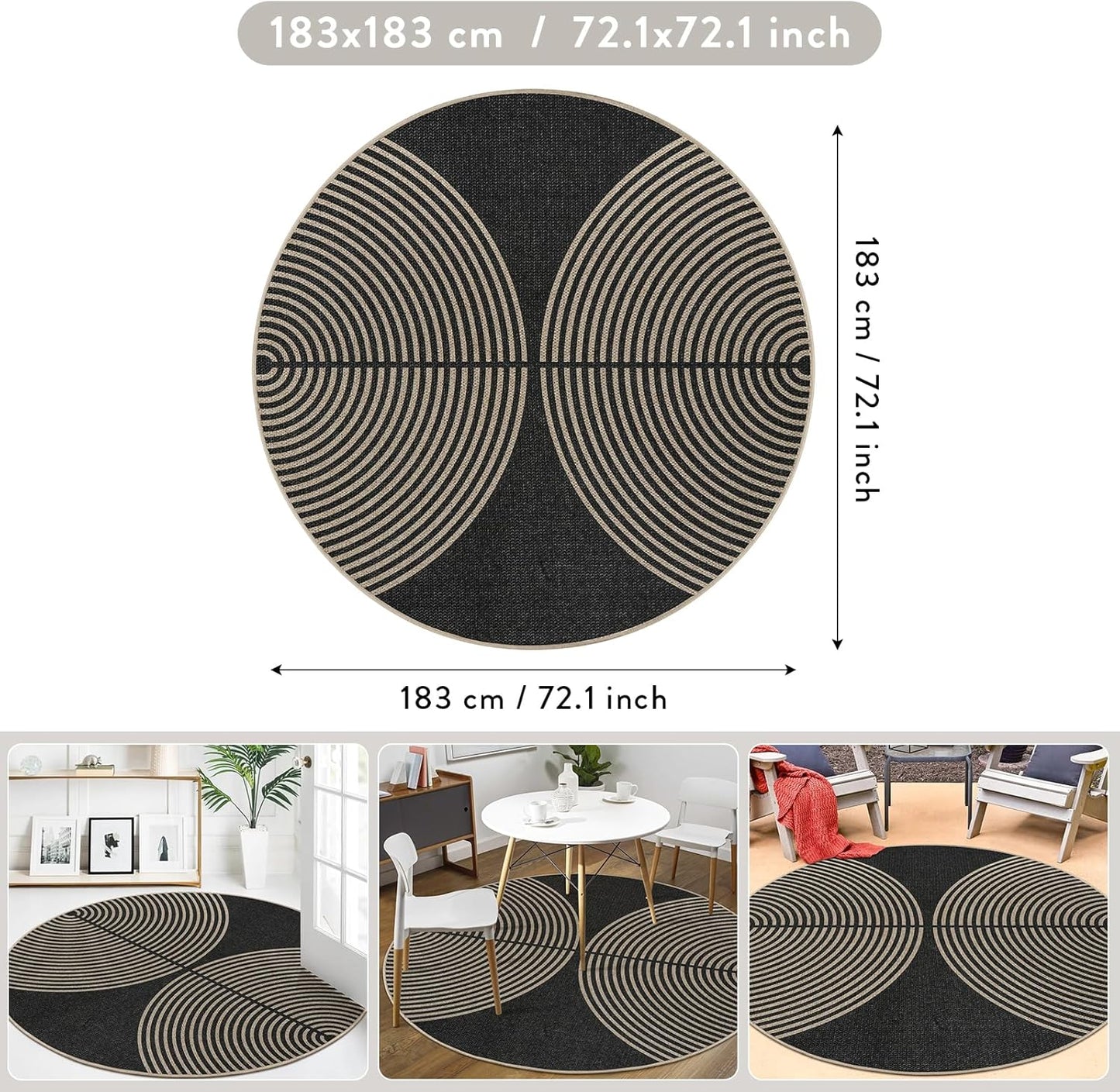 Lahome Modern Rainbow Round Rug, 6ft Easy Jute Circle Patio Rug Washable Indoor Outdoor Carpet for Living Room, Farmhouse Natural Contemporary Round Mat for Entryway Backyard Porch