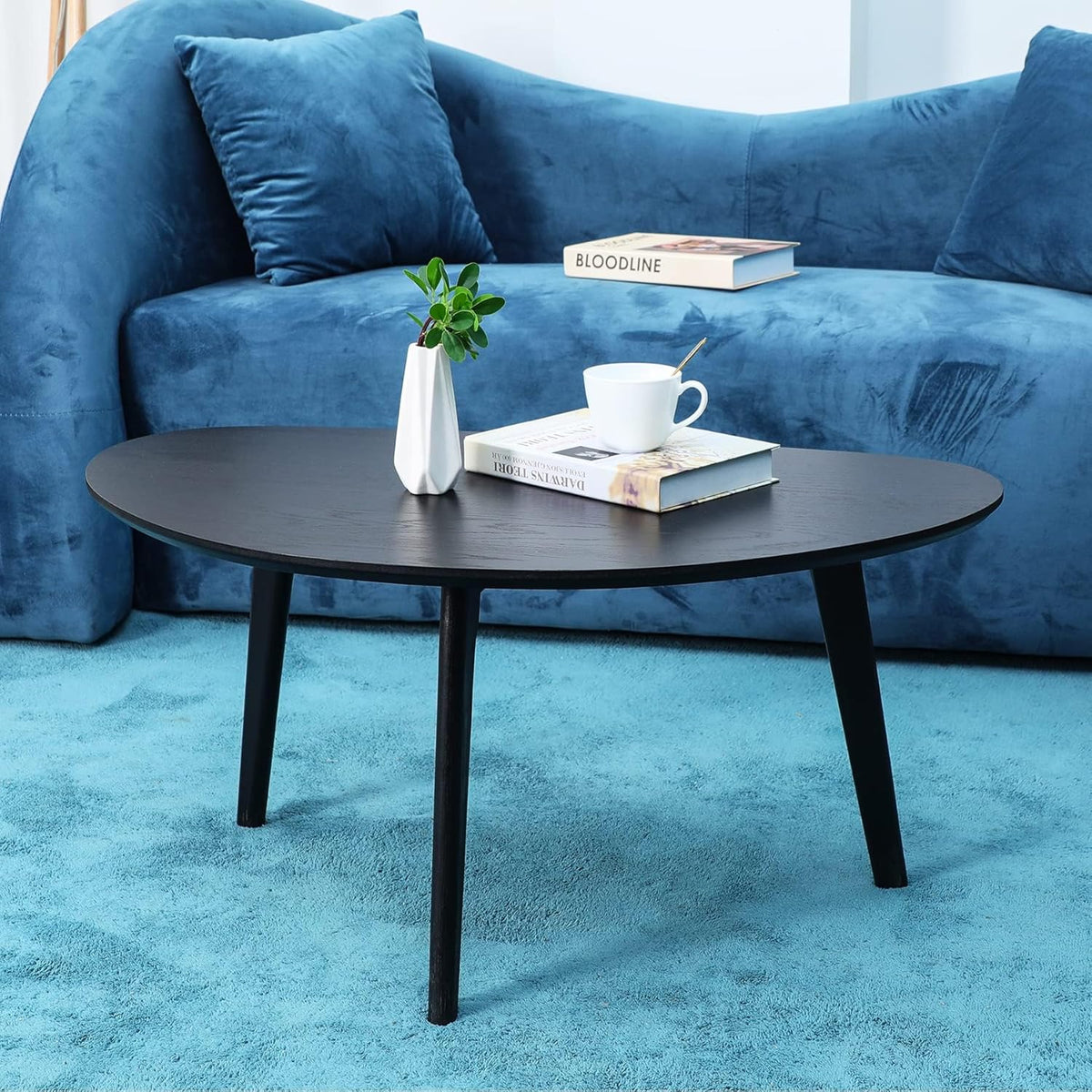 FIRMINANA Small Black Oval Coffee Table for Small Space , Simple Modern Center Table with OAK Wood Legs-Black-18.9" D x 33.47" W x 15.75" H