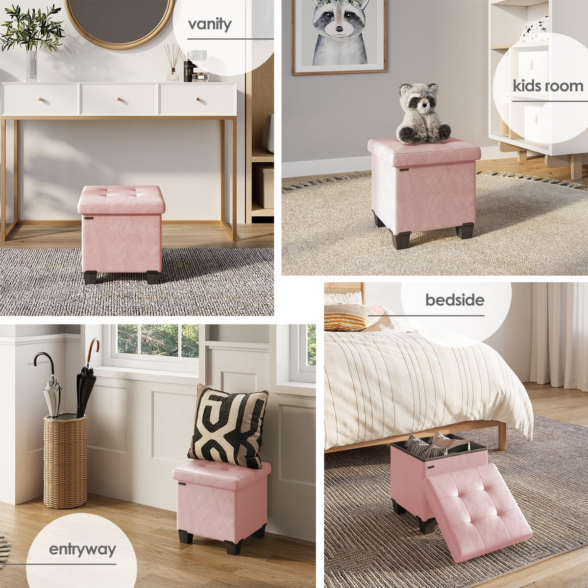 STORAGEBUD Storage Ottoman Cube with Small Bin, 16-in Square Ottoman with Storage for Living Room and Bedroom, Small Ottomans Foot Rest, Faux Leather Foot Stools Ottomans Max 330lbs, Pink