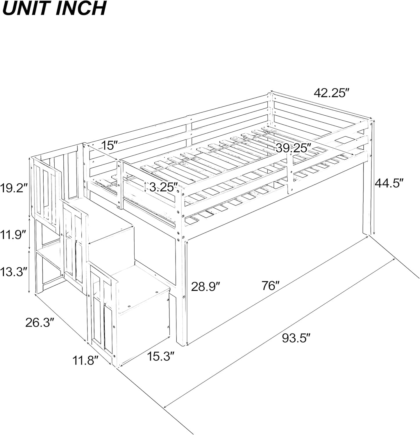 HomSof Loft Bed with Stairs and Storage,Gray