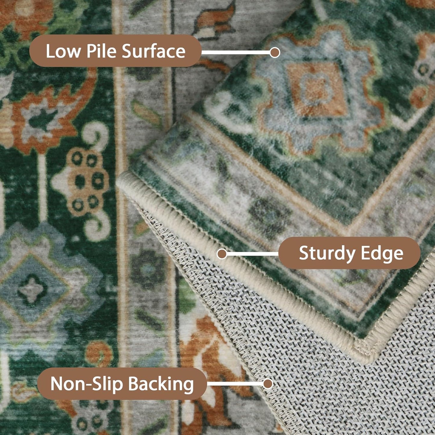 GENIMO 8x10 Area Rugs for Living Room, Machine Washable Non Slip Vintage Rugs, Low Pile Lightweight Chenille Print Rug for Bedroom, Dining Room, Home Office,Pine Green
