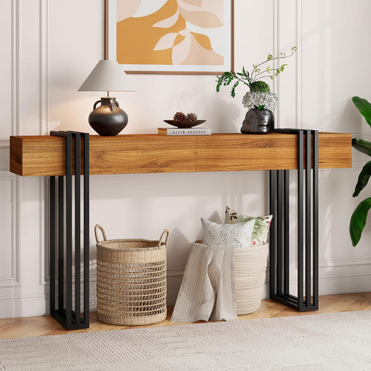 63 Inch Long Console Table, Industrial Sofa Table Behind The Couch Rectangular Entryway Table for Entrance Hallway Living Room, Brown