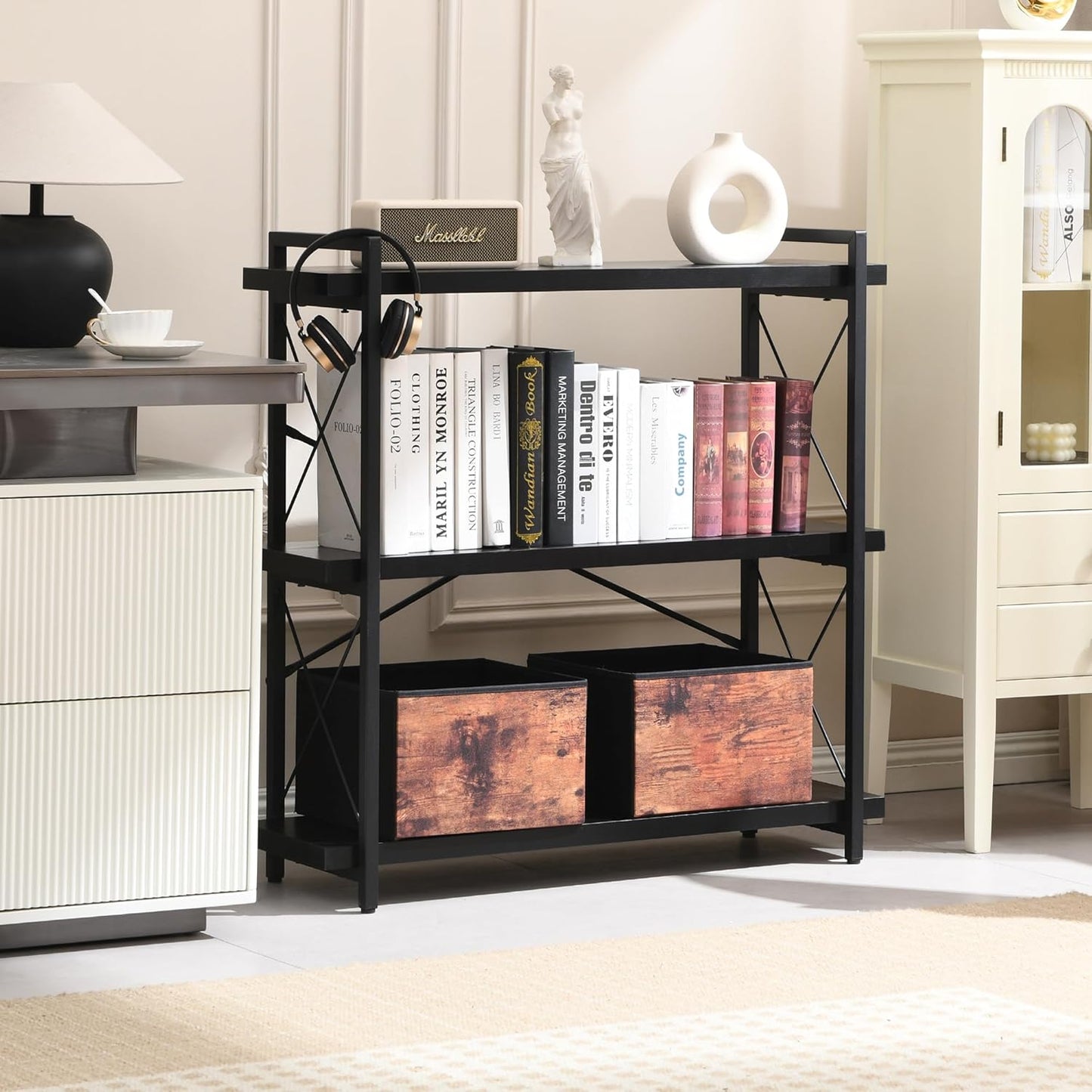 HCHQHS Bookshelf, 3-Tier Industrial Bookcase, Black Open Book Shelf, Freestanding Horizontal Bookshelves with Metal Frame