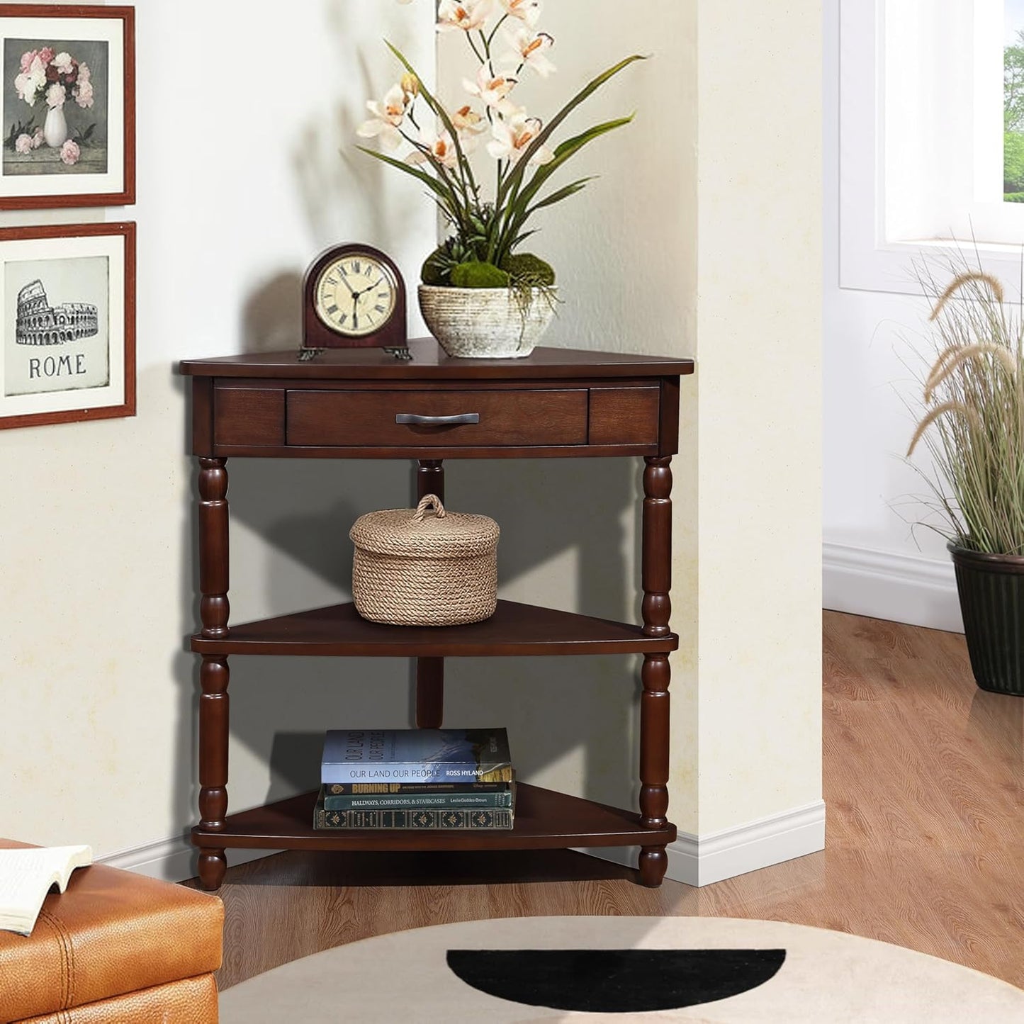 GDFStudio Trmxmbi 3 Tier Corner Console Table with 1 Storage Drawers and Shelves, 33.8'' Rustic Wood Triangle Sofa End Table for Small Spaces, Solid Wood Legs, Light Espresso
