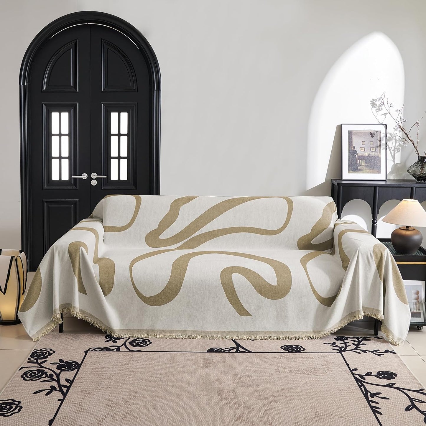 MYSKY HOME Couch Cover for 3 Cushion Couch Sofa Cover, Super Soft Boho Couch Covers for Dogs Washable, Jacquard Sofa Slipcover Furniture Protector for Living Room, 91" x 150", Khaki Curve