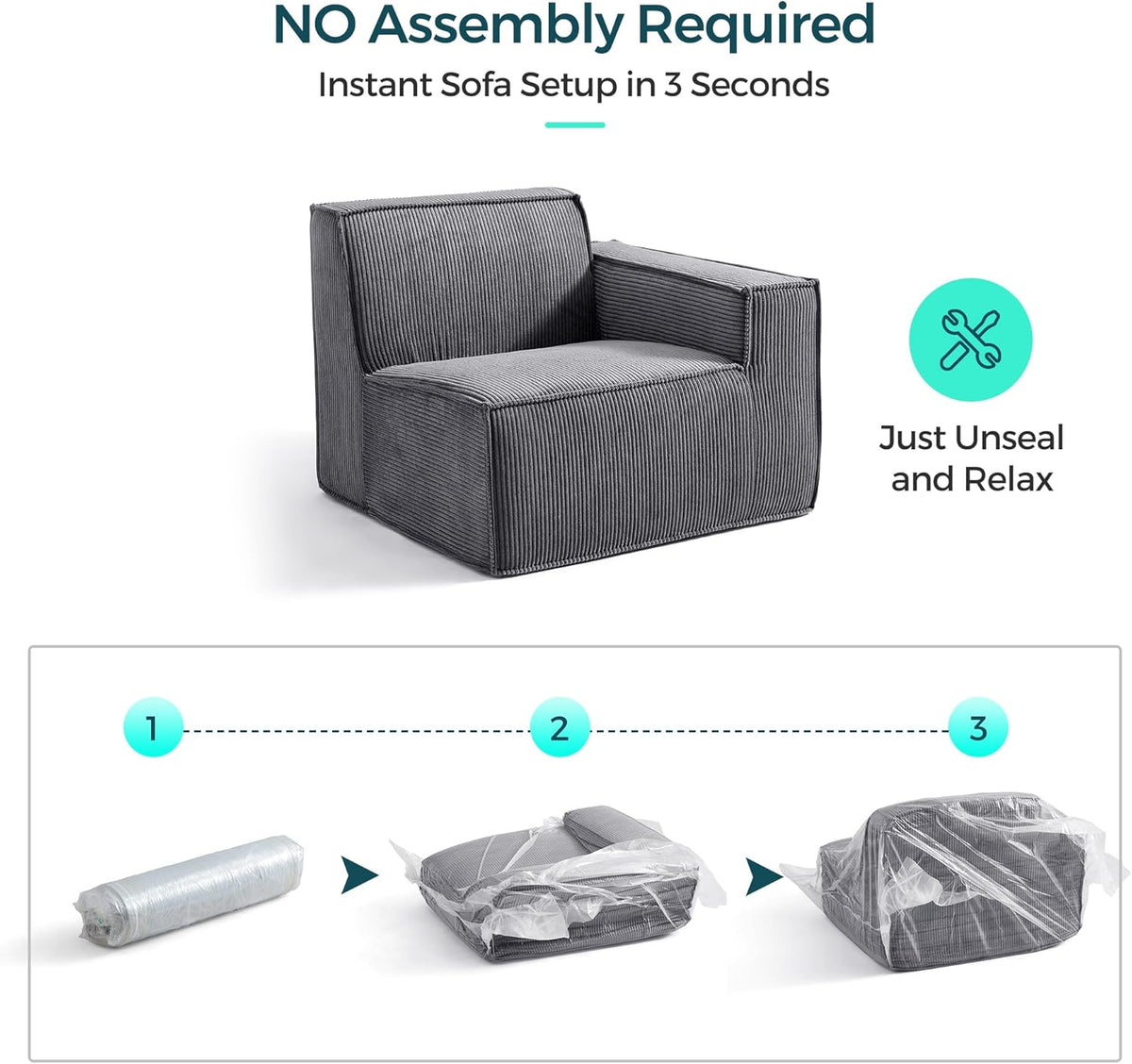 LINSY HOME Modular Sectional Sofa, 134" Boneless Couch L Shaped 4-Seat Sofa with Movable Ottoman, Corduroy Sectional Cloud Couches for Living Room, No Assembly Required, Bluish Grey