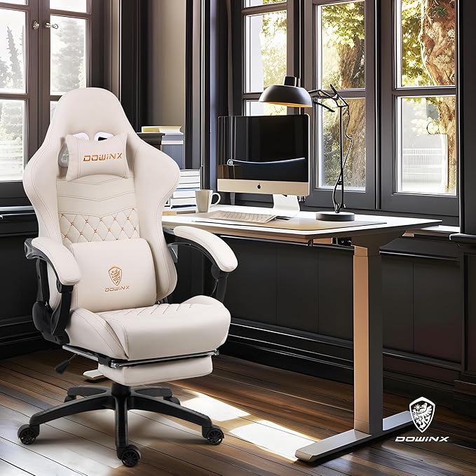 Dowinx Gaming Chair Big and Tall, Ergonomic Computer Chair with Footrest and Massage Lumbar Support, High Back Comfortable Gamer Chair for Adults 350Lbs PU Leather for Office Game, Ivory