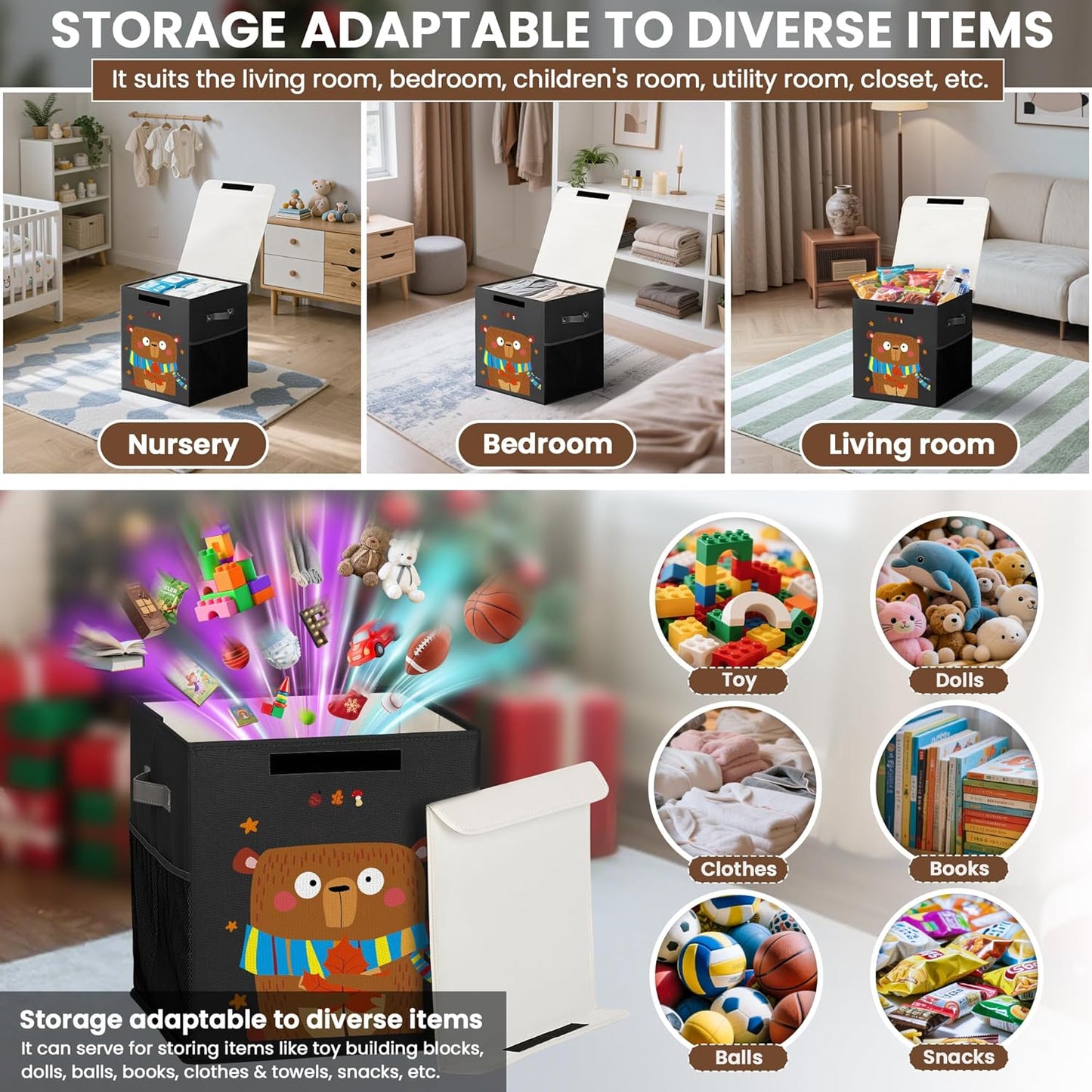 40L Large Toy Storage Box with Lid, Large Toy Box Chest for Kids, Girls and Boys, Nursery Room and Living Room, 13"x13" x16" (black-bear)