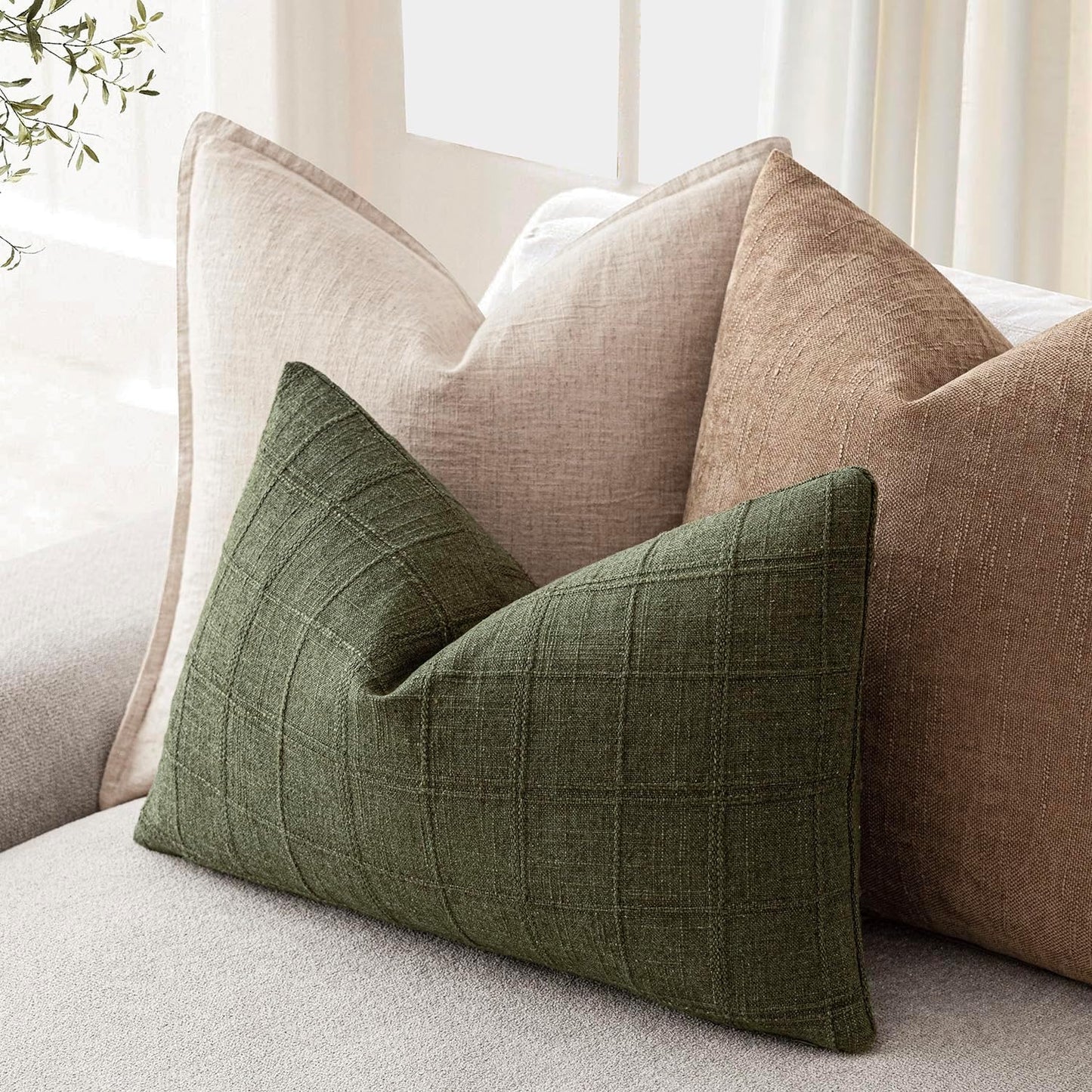 Foindtower Set of 2 Decorative Linen Check Throw Pillow Covers Neutral Farmhouse Lumbar Cushion Covers Modern Boho Home Decor for Sofa Chair Couch Bedroom Living Room Outdoor,12×20 Inch,Olive Green