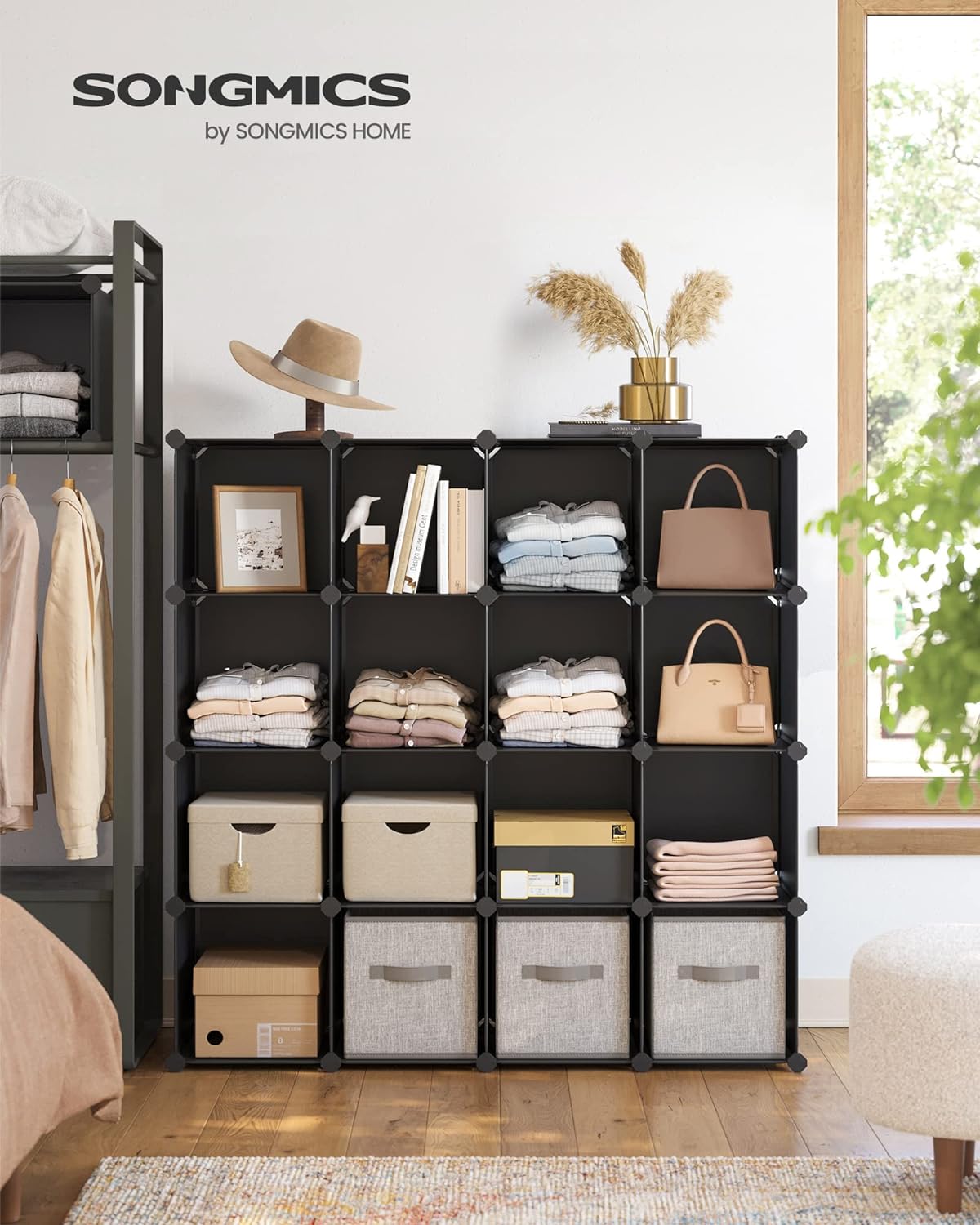 SONGMICS Cube Storage Organizer, Set of 16 Plastic Cubes, Closet Organizers and Storage, Room Organization, Bedroom Living Room, 12.2 x 48.4 x 48.4 Inches, Black ULPC44BK