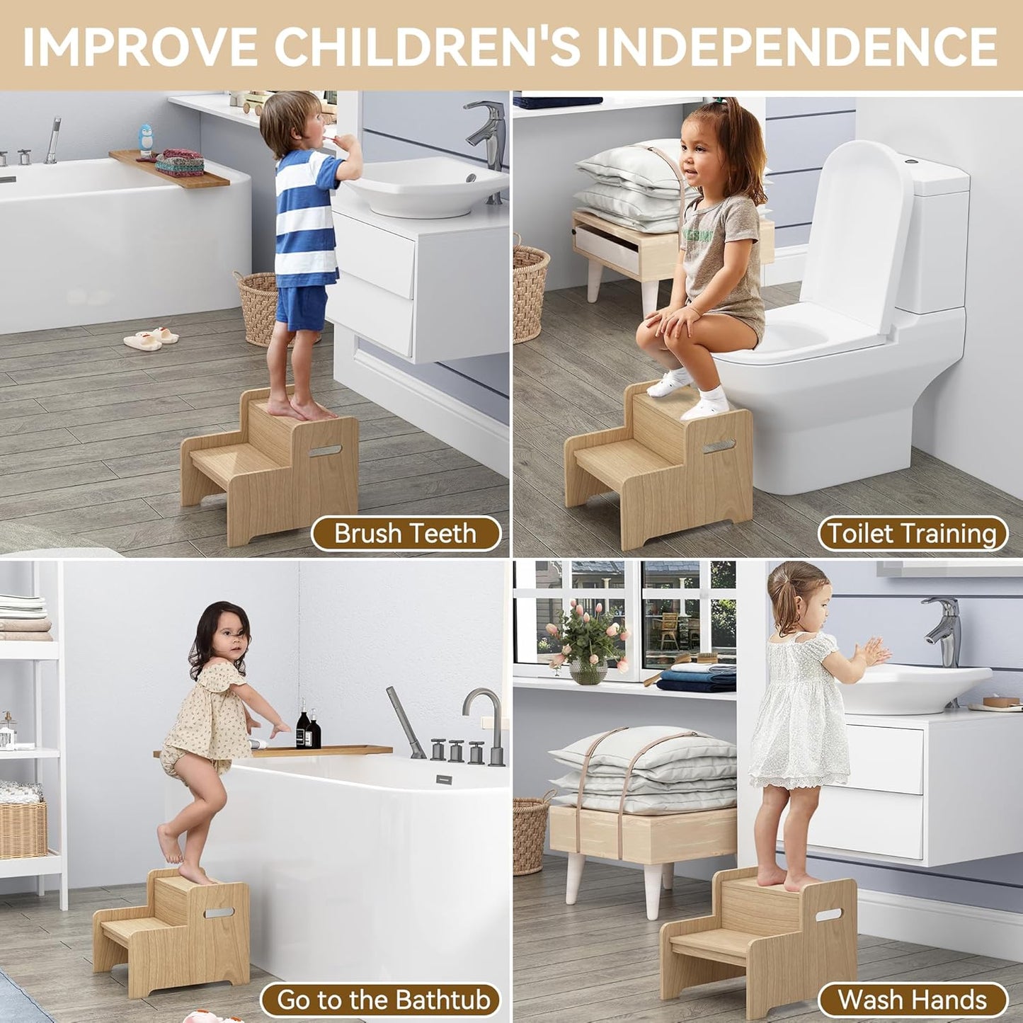 Wood Step Stools for Kids, Child Two Step Stool of DIY Shape, Toddler Step Stools Potty Training Stool, Easy to Move Safety for Kitchen, Bathroom, Bedroom, Toilet