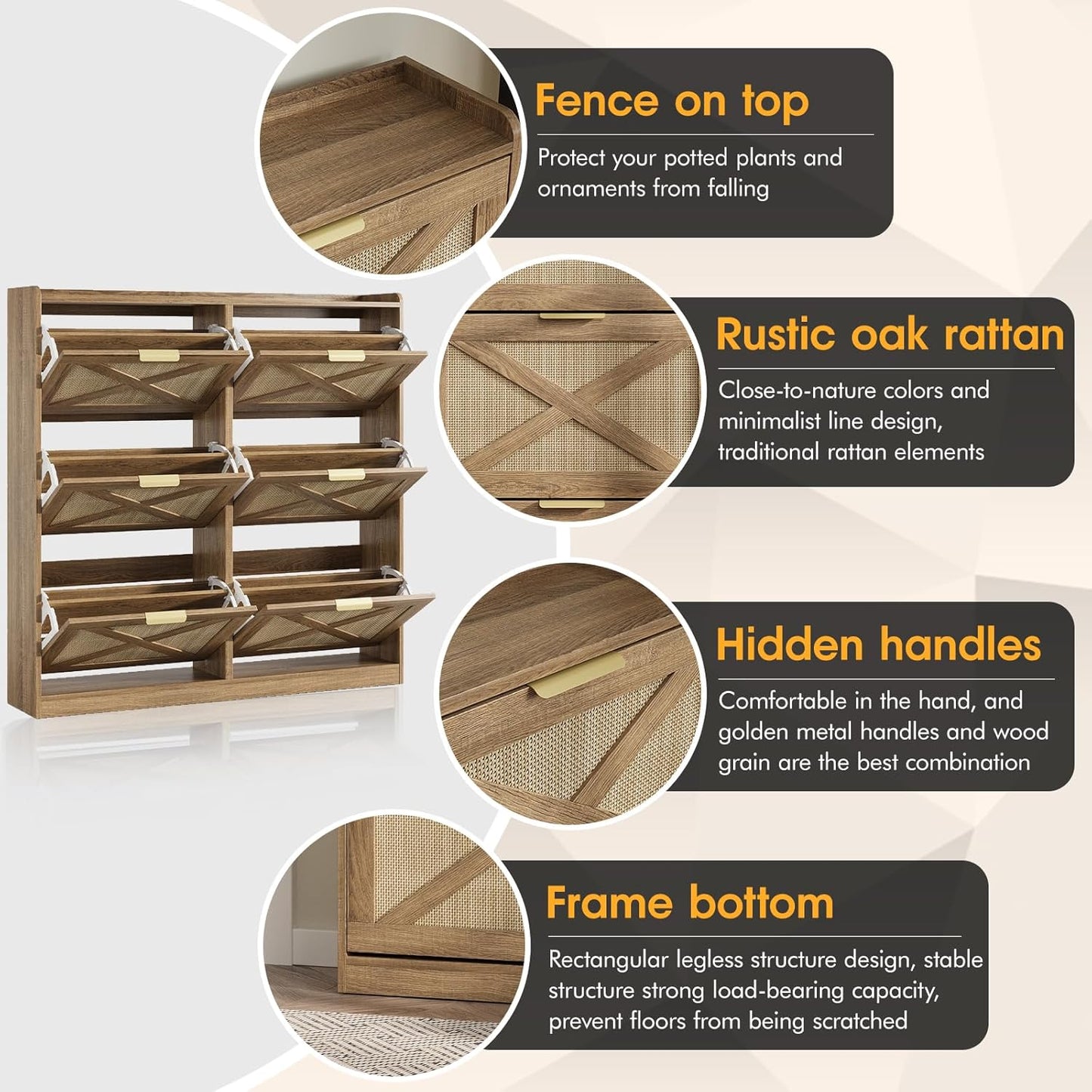 Maupvit Large Shoe Storage Cabinet with 6 Rattan Flip Drawers, Freestanding Organizer with Metal Legs for Entryway, Narrow Shoe Rack Cabinet, Hidden Golden Handles, Rustic Oak Rattan