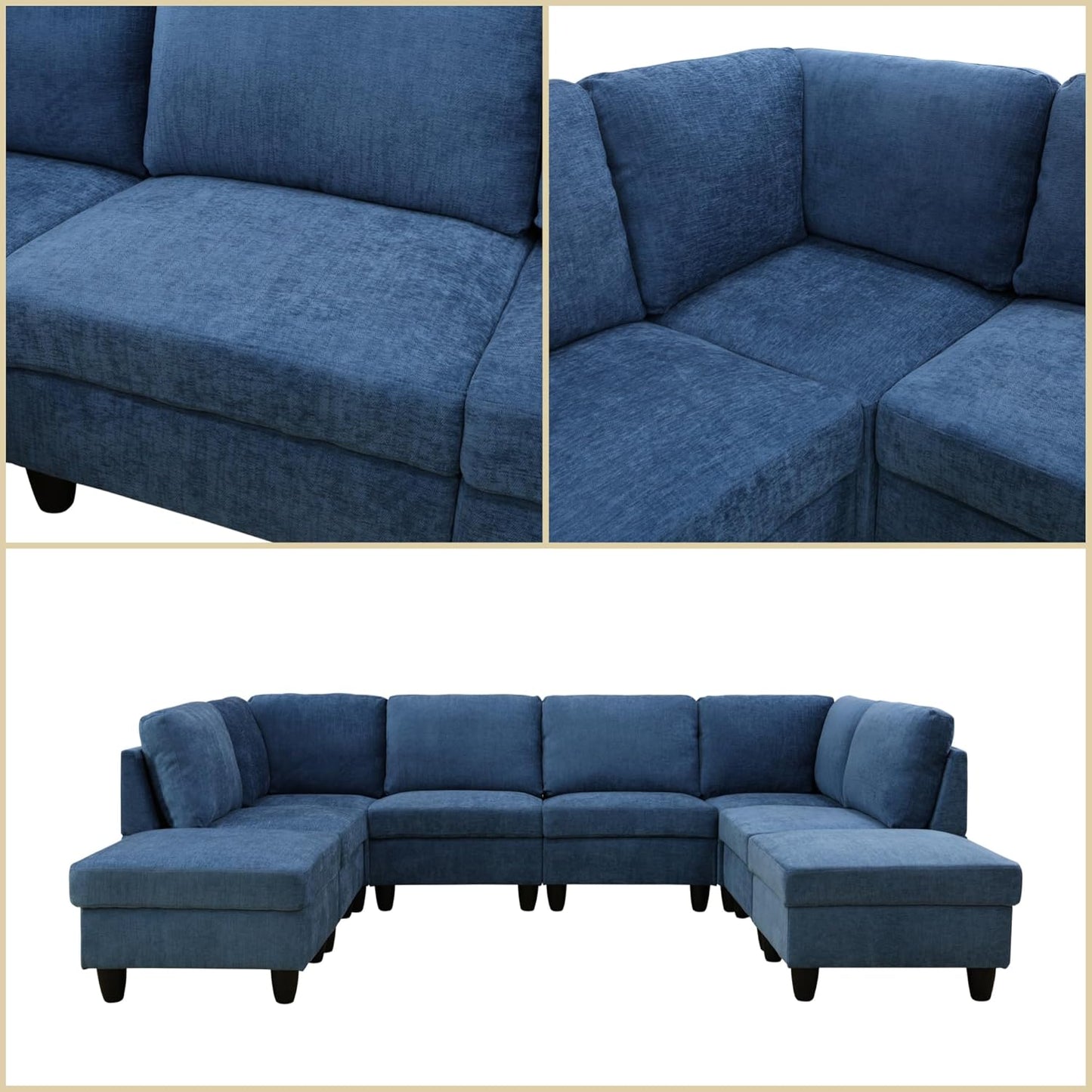 U Shaped Sectional Couch, Convertible Modular Sectional Sofa with Ottomans, 8 Seat Comfy Corner U Shaped Couch Lounge Modern Modular Couches for Living Room Apartment, Blue