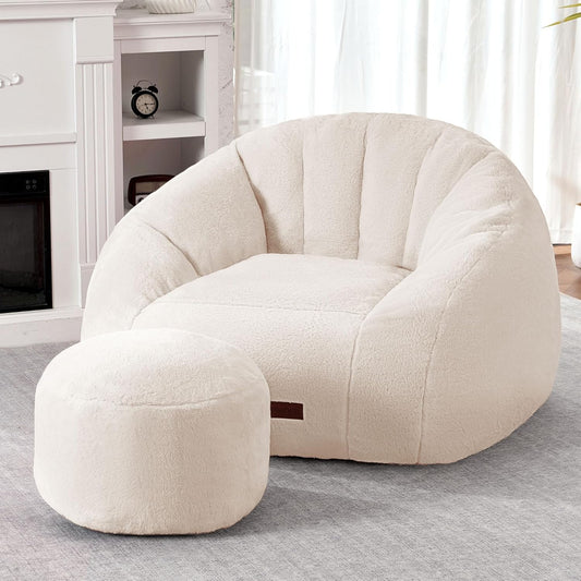 HABUTWAY Bean Bag Chair, Giant Bean Bag Chairs for Adults with Ottoman, Comfy Faux Fur Shell-Shaped Bean Bag Couch, Sofa Chair for Living Room, Bedroom, White
