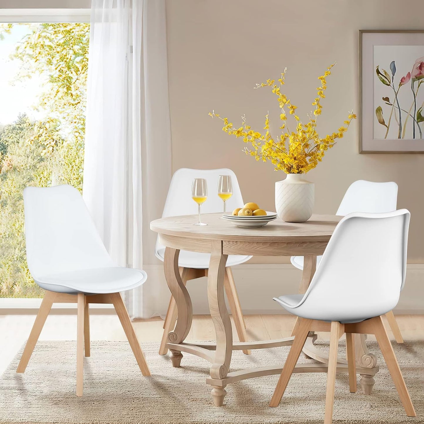 OLIXIS Set of 4 Dining Kitchen Mid-Century Modern Chairs with Wood Legs and PU Leather Cushion for Living Room Bedroom Outdoor Lounge, White