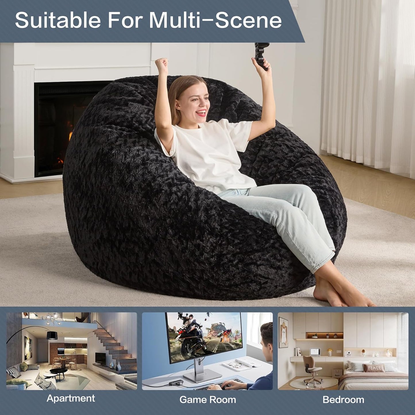 Hobestluk 5ft Bean Bag Chairs for Adults Large Beanbag Chair with Chevron Plush Fur Cover Big Bean Bag Chair for Living Room Bedroom Dorm Office - Black (50” x 50” x 24”)