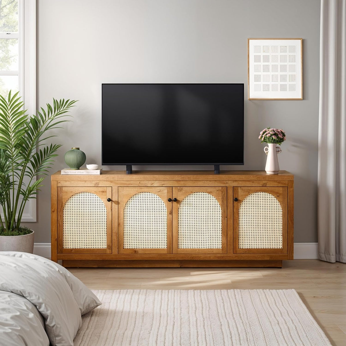 Walker Edison Sasha 4-Door Sideboard Buffet with Arched Rattan Panels, 70 Inch, English Oak