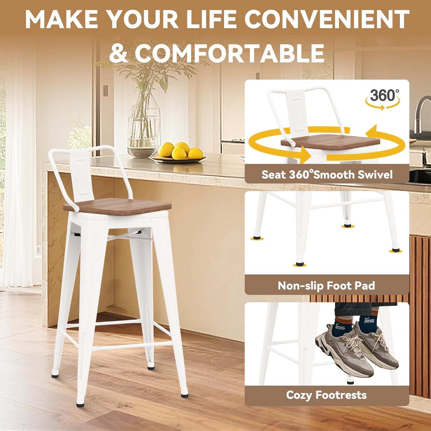 26 Inch Swivel Bar Stools Set of 4 with Backs Counter Height Industrial Metal Barstools Island Bar Chairs for Home Kitchen Dining Room (Swivel 26 inch, White Wooden)