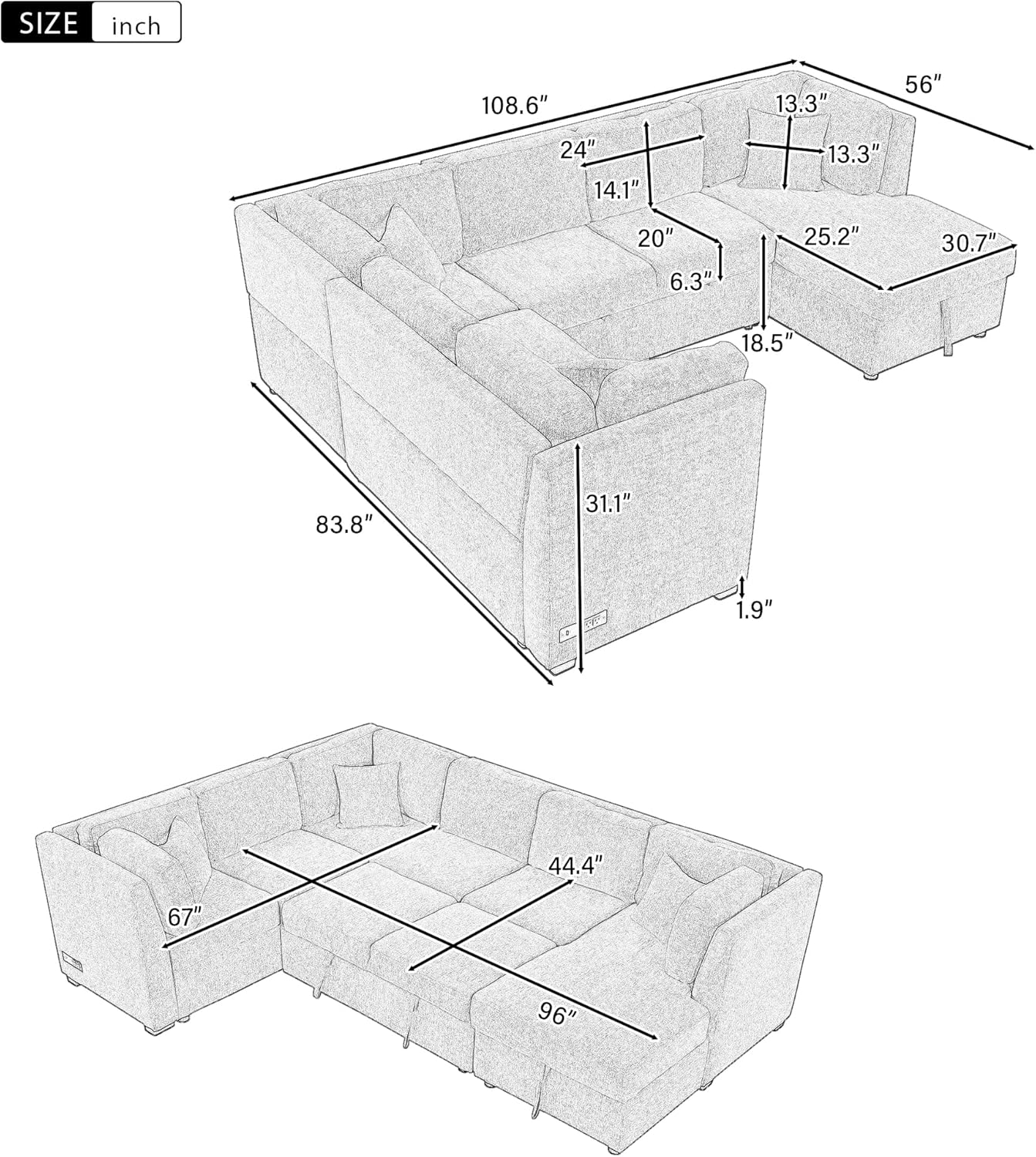 Ball & Cast 108.6" Sleeper Sectional Pull Out Sofa with 2 USB Ports,Two Power Sockets,Versatile U-Shape Couch w/ 3 Back Pillows and Storage Chaise,for Living Room,Office,Apartment,Black