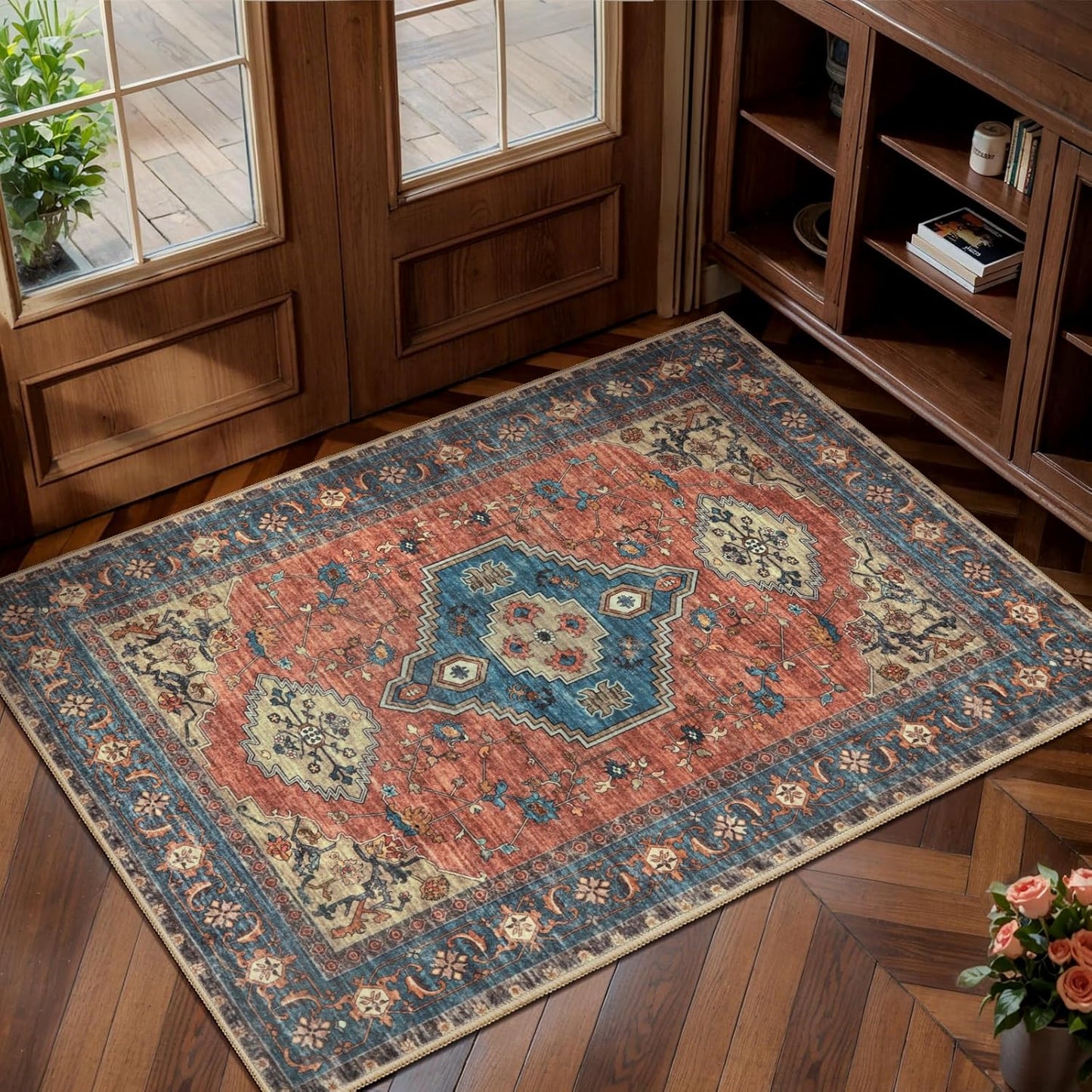 Tangsoo Washable Entryway Rugs 2x3 Vintage Non Slip Small Area Rug, Indoor Front Door Rug, Print Distressed Door Mat Indoor Entrance Soft Low Pile Throw Rug for Entry Kitchen BedroomTerracotta