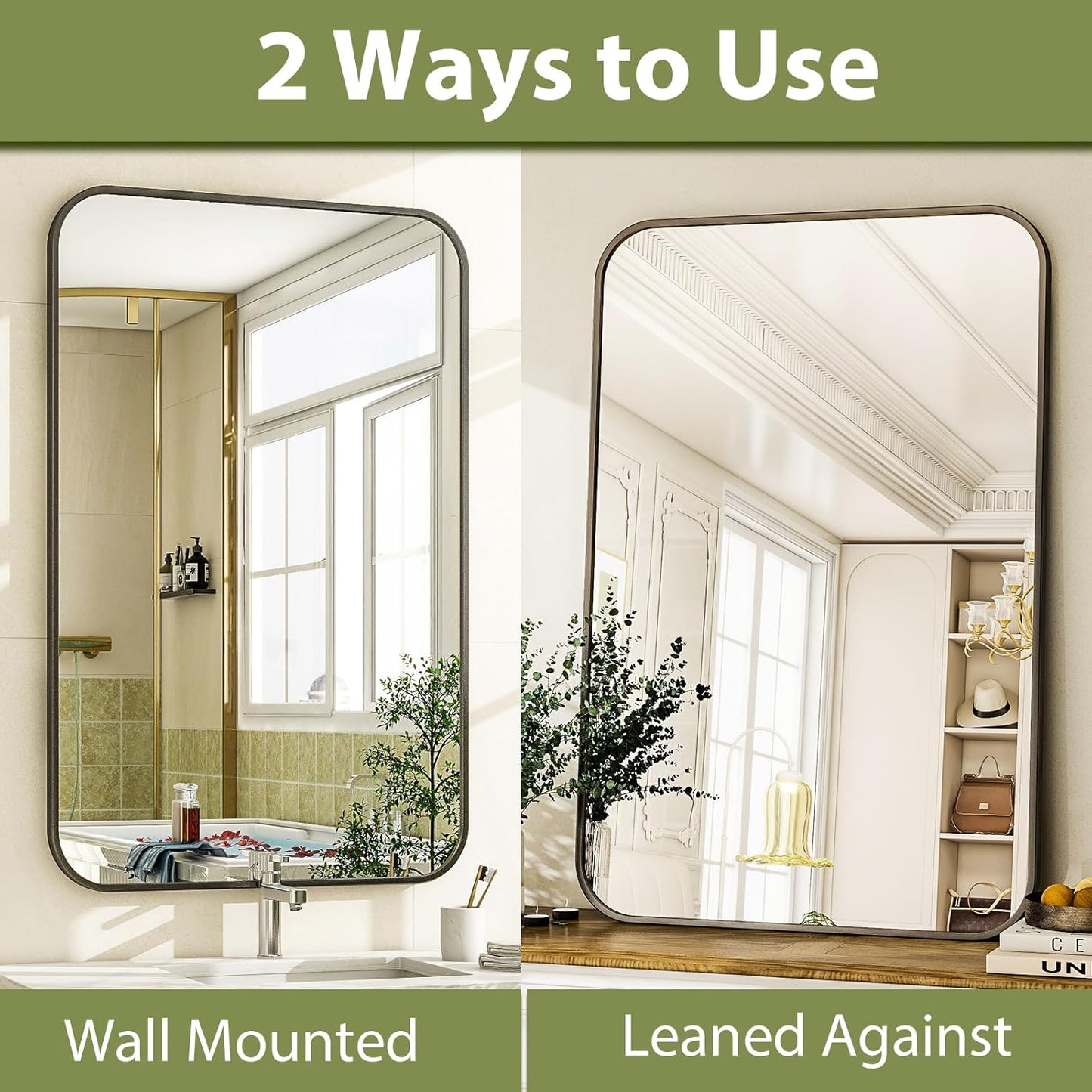 30 x 40 Inch Bathroom Mirror, Rounded Rectangular Vanity Mirror for Wall, Modern Mirror for Room Decor, Black Framed Wall-Mounted Mirrors for Home Decor, Hangs Horizontally or Vertically