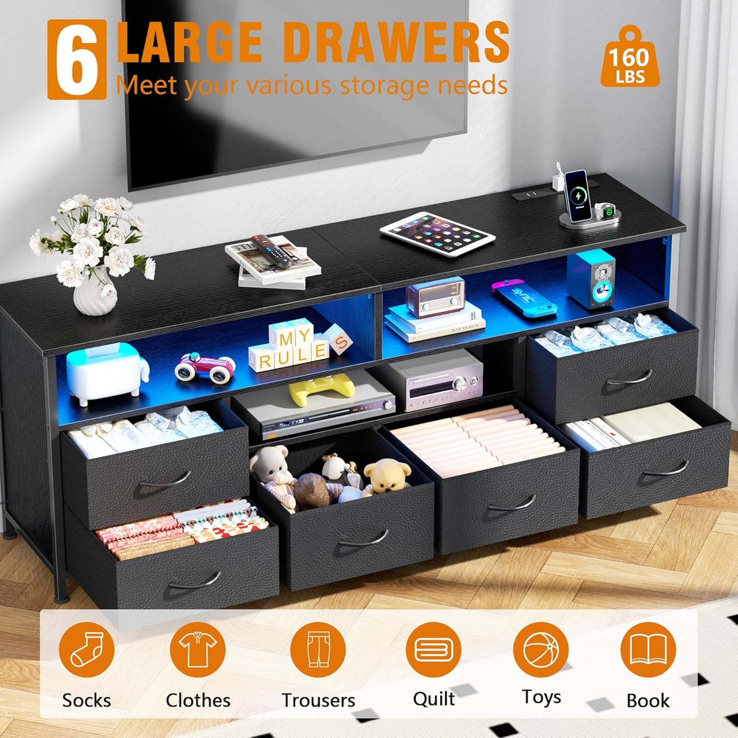 Furologee 55" LED TV Stand for Bedroom with Power Outlets, Entertainment Center with 6 Fabric Drawers for 50/55/60 inch TVs, Dresser TV Stand Long Console Media Table for Living Room, PU Black