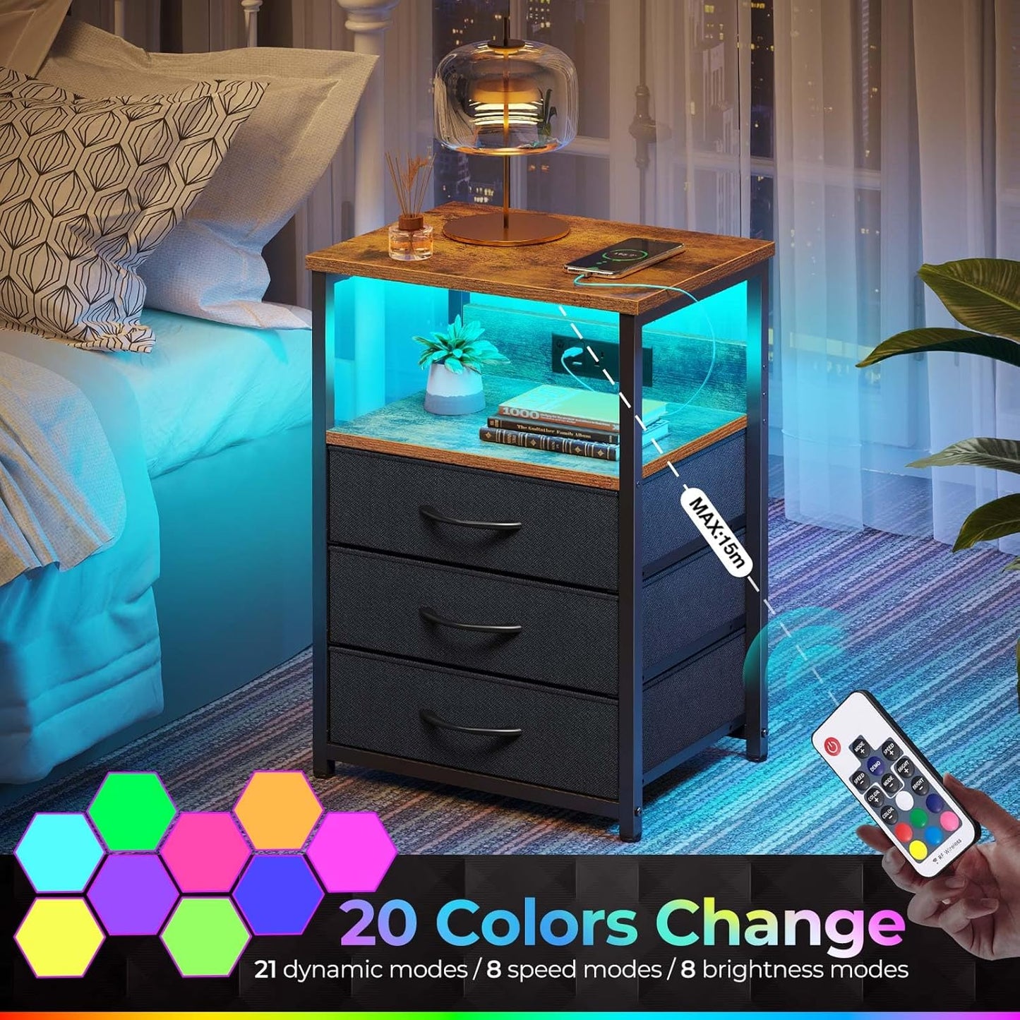 Seventable Nightstand with Charging Station and LED Light, Side Table with 3 Fabric Drawers, Bedside End Table with USB Ports and Outlets, Night Stand for Bedroom, Rustic Brown