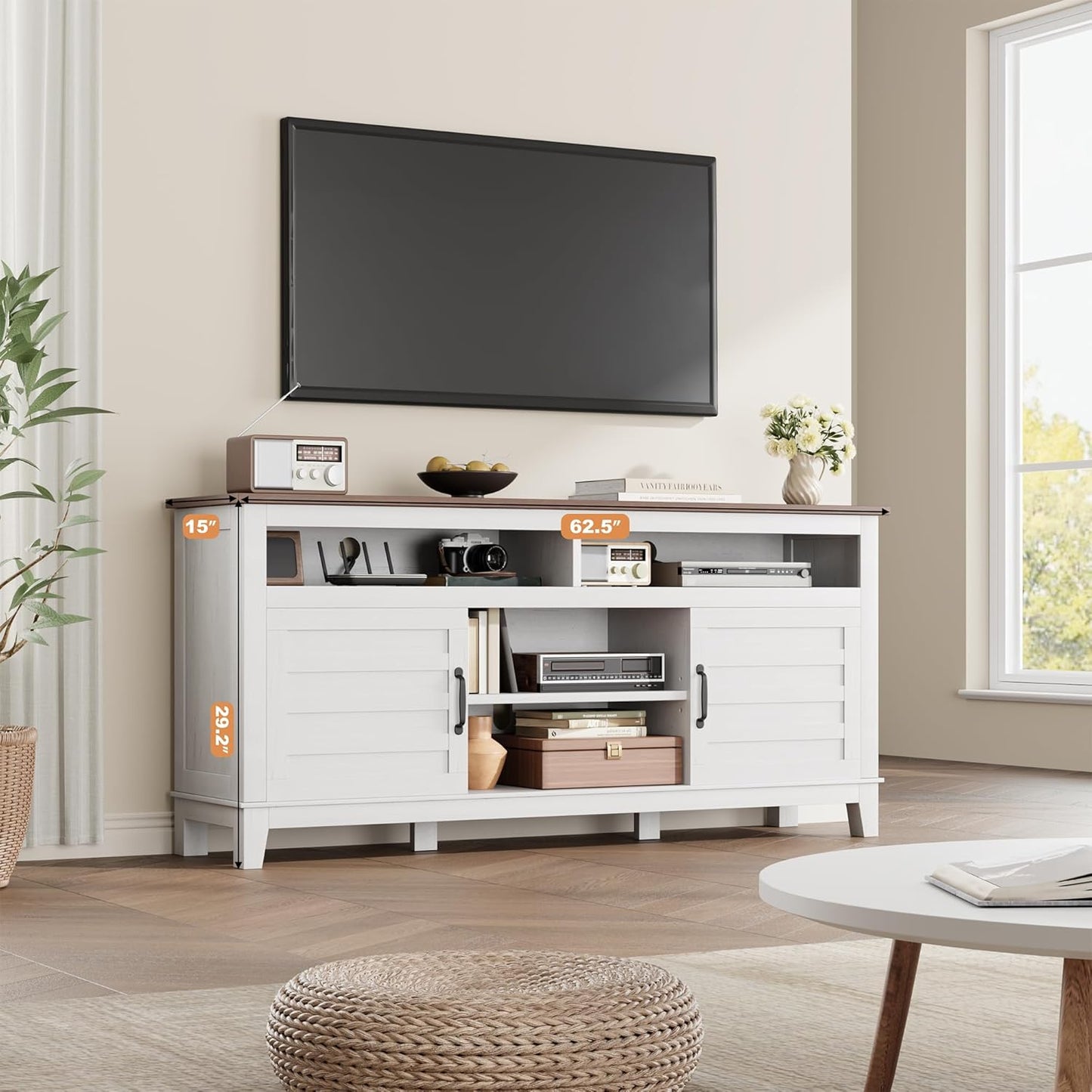 GarveeHome TV Stand for 63 in, Entertainment Center with Adjustable Shelves, Farmhouse TV Stand with Cabinet Doors,for Living Room, Bedroom (White, 63)