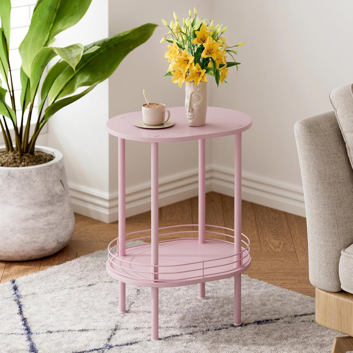 Small Round Side Table,Bedside Table with Storage, Morden Round Nightstand, Samll Side Table for Living Room，Bathroom，Bedroom, Nursery, Laundry, Pink