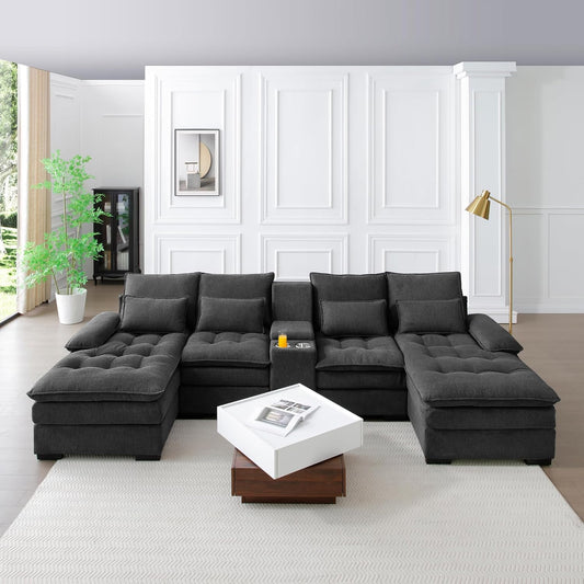 130" U-Shaped Sectional Sofa with Storage Console & Cup Holders, Upholstered 6 Seat Living Room Sleeper Couch Furniture Set w/Chaise, Cloud Cushion Couch for Home, Office, Apartment,Grey