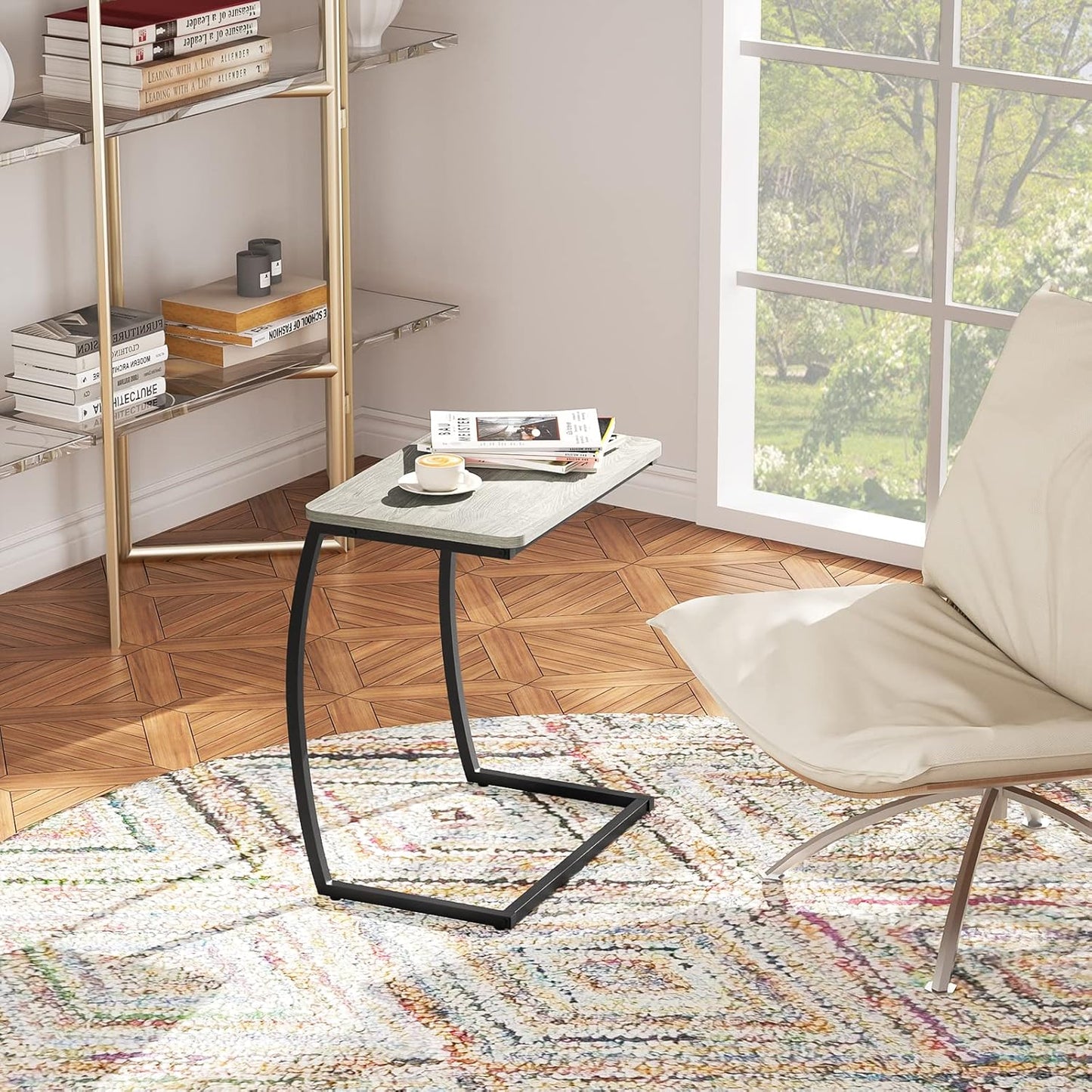 SRIWATANA Side Table, End Table, Vintage C-Shaped Couch Table for Sofa Laptop Coffee Snack, Light Grey