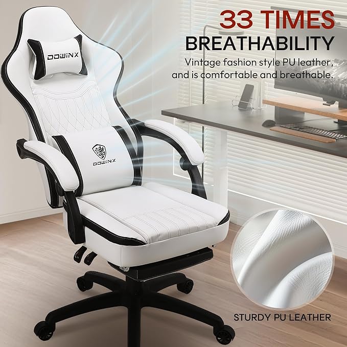 Dowinx Gaming Chair Breathable PU Leather Gamer Chair with Footrest Massage Lumbar Support, Big and Tall Ergonomic Reclining Computer Chair with Pocket Spring Cushion for Adults Teens (Black&White)