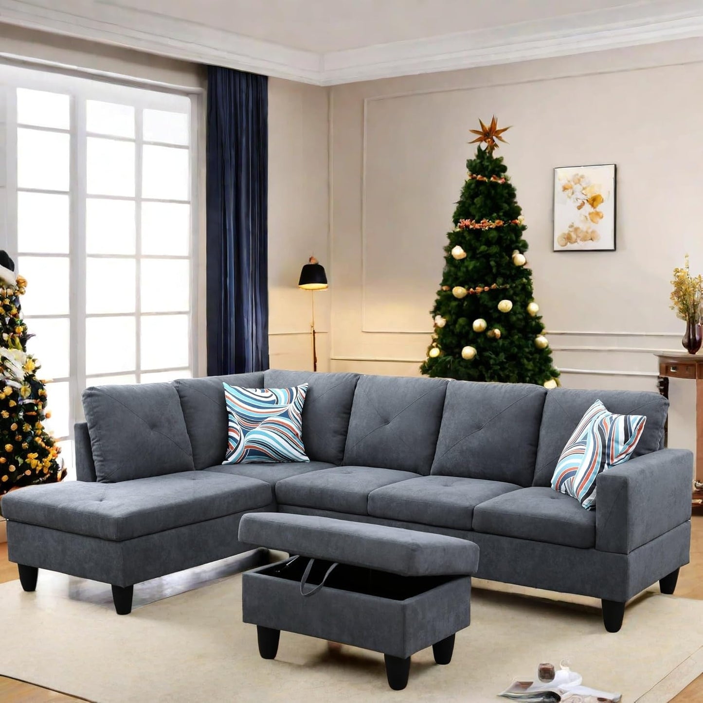 L Shaped Sectional Couch with Otttoman, 97" Sectional Sofa for Living Room Flannel Modular Couches with Cup Holders for Bedroom, Apartments, Dark Grey