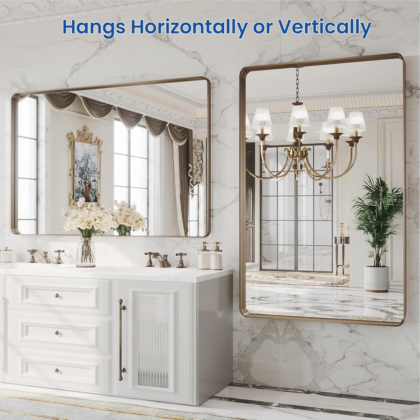 WEER 48x32 Inch Bronze Bathroom Mirror for Vanity, Brushed Bronze Metal Frame Mirror for Wall, Rounded Rectangle Bronze Frame Mirror with Tempered Glass, Anti-Rust (Horizontal/Vertical)