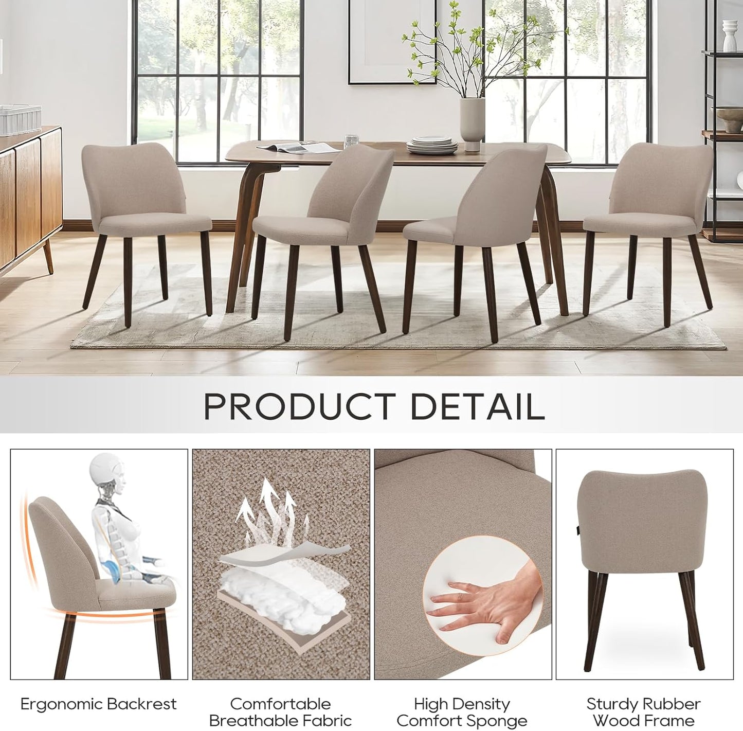 COLAMY Upholstered Dining Chairs Set of 4, Fabric Dining Room Kitchen Chairs with Padded Seat and Wood Legs for Restaurant/Cafe, Camel