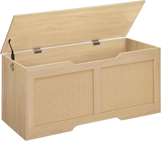 HOOBRO Storage Bench, 43.3" Toy Box, Rattan-Like Storage Chest, Sturdy Entryway Bench Supports 220 lb, Toy Chest, Safety Hinge, U-Shaped Opening, Easy Assembly, Natural NL22CW01