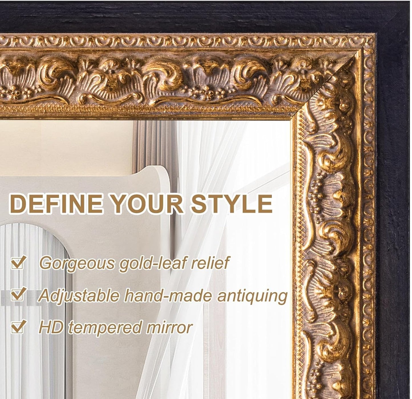 Gold Vintage Mirror 40”x28”, Black Gold Decorative Mirror with Gold Foil Flower Petal Carvings Wooden Frame for Luxe Living Room, Entryway, Bathroom and Bedroom