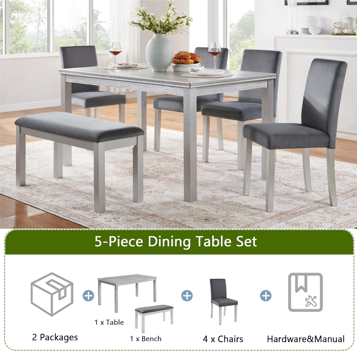 soges 6 Piece Wooden Dining Table Set, Wooden Dining Table with 4 Upholstered Chairs and Bench for 6 People, Rectangular Dining Table Set with Crystal Decoration for Kitchen, Dining Room, Silver Grey