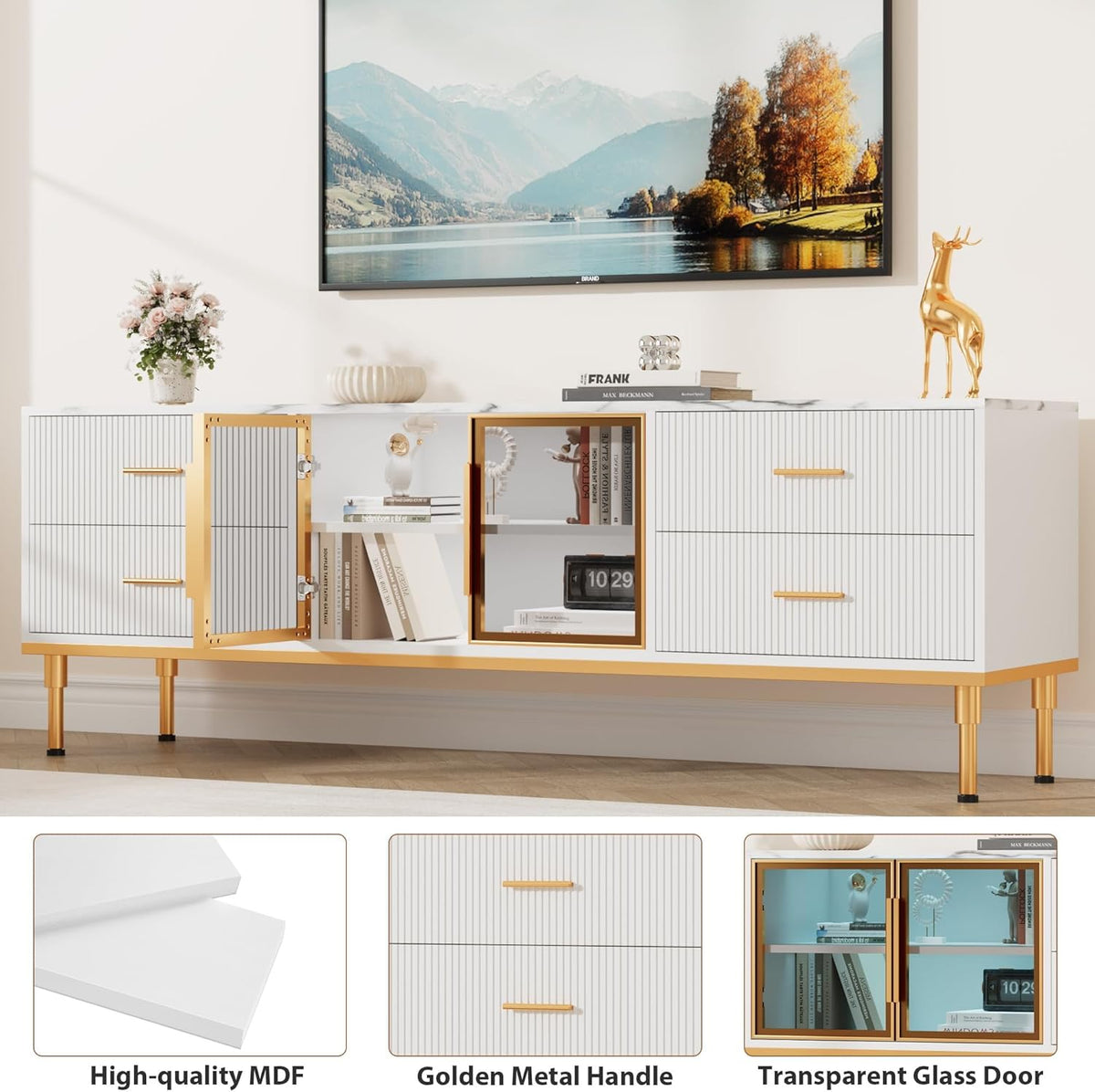 66" Fluted TV Stand with LED Light, Modern Entertainment Center for TVs Up to 75 Inch, Wood TV Media Console with Faux Marble Top, 4 Drawers, Glass Door for Living Room, White