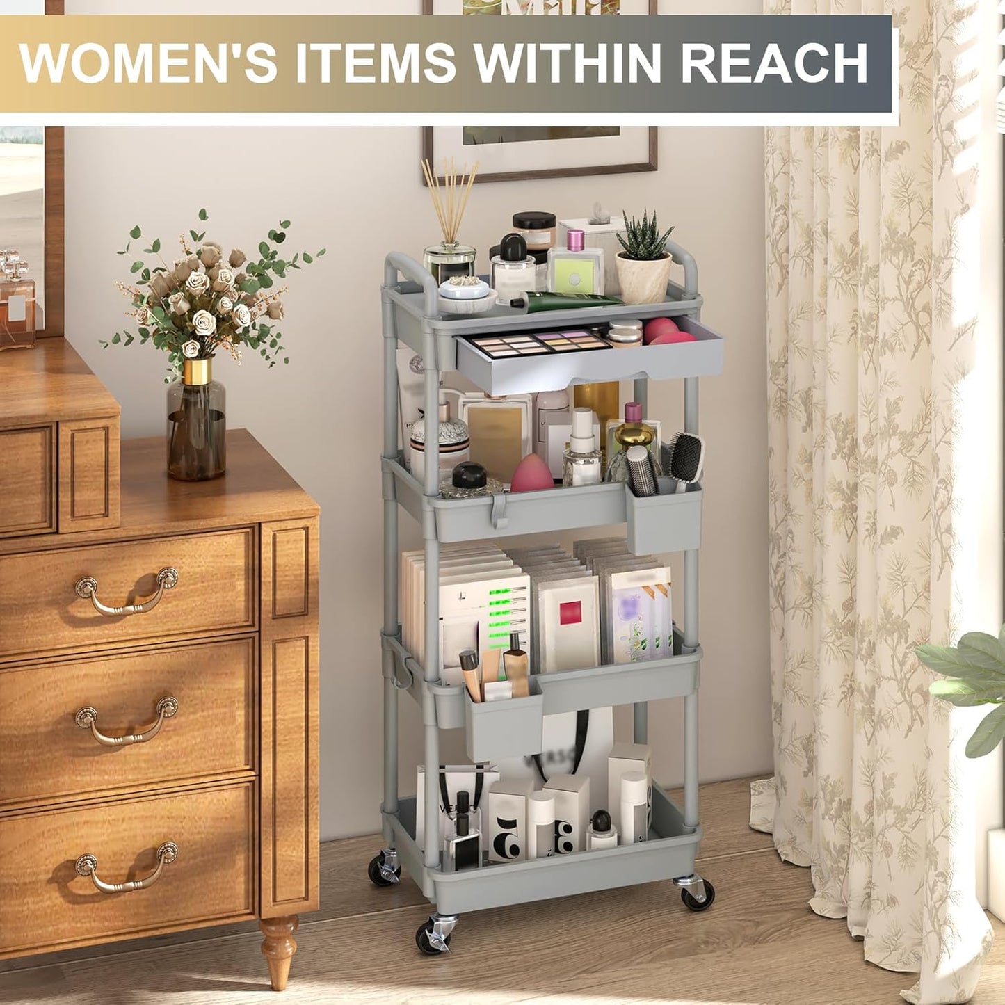 Goovilla 4 Tier Rolling Utility Cart Organizer with Removable Drawer, Stable and Sturdy Grey Rolling Storage Carts with 2 Lockable Wheels for Bathroom, Kitchen, Snack, Craft, Makeup, Baby Essentials