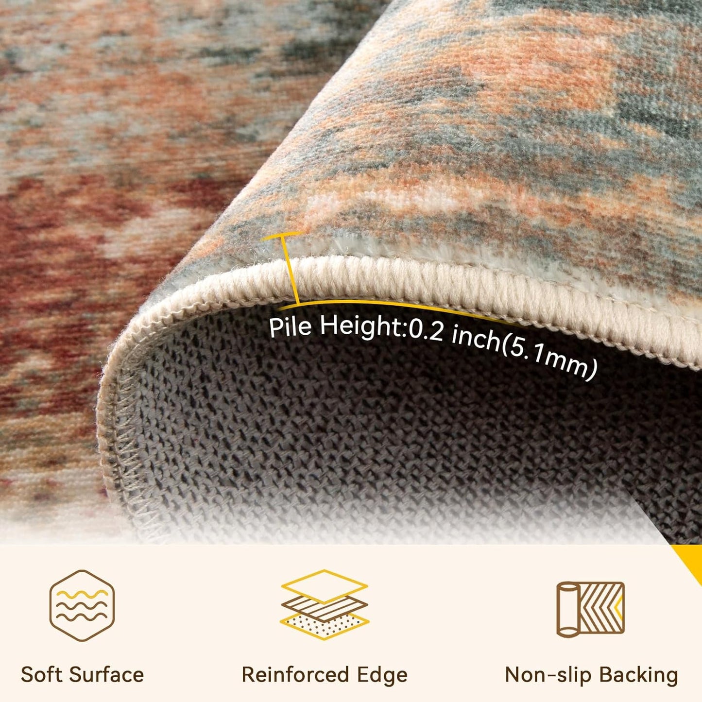 Washable Area Rugs 6ft Non-Slip Modern Abstract Soft for Living Room Entryway Bedroom Nursery, Print Pattern, Brown Rust Red Multi