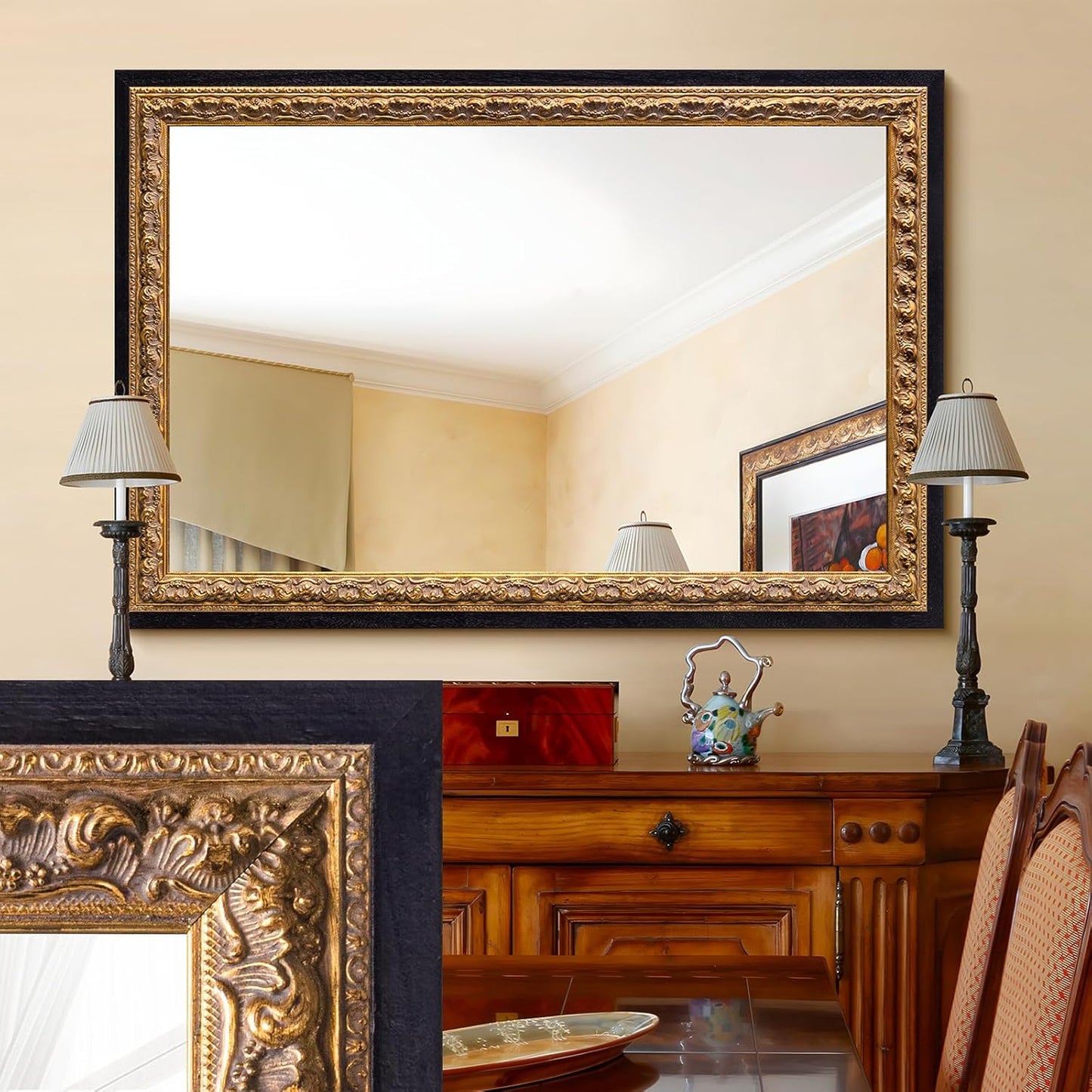 Vintage Gold Mirror 36”x24”, Black Decorative Mirror for Vanity with Gold Foil Carvings Solid Wooden Frame, Antique Handmade Aging, for Luxe Living Room, Entryway, Bathroom and Bedroom
