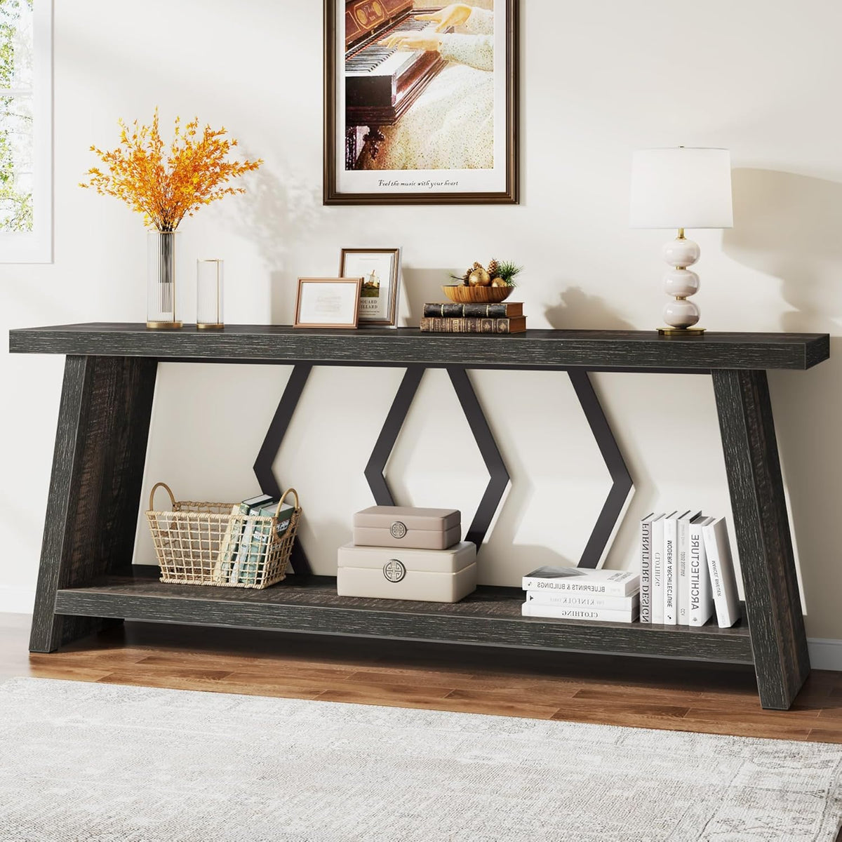 Tribesigns 70.86-Inch Long Sofa Table for Living Room, 2-Tier Narrow Console Table with Storage, Wood Foyer Entryway Couch Table for Hallway, Entrance (Dark Gray)