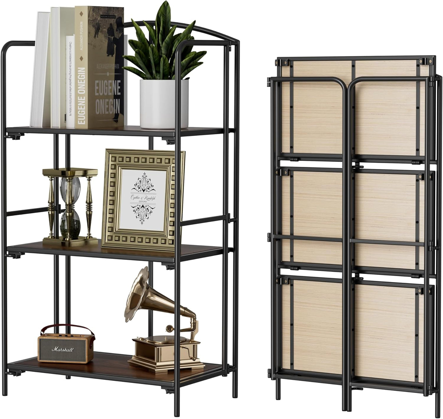 Crofy No Assembly Folding Bookshelf for Living Room, 3 Tier Black Collapsible Book Shelf for Home Office, Portable Bookcase Storage Organizer
