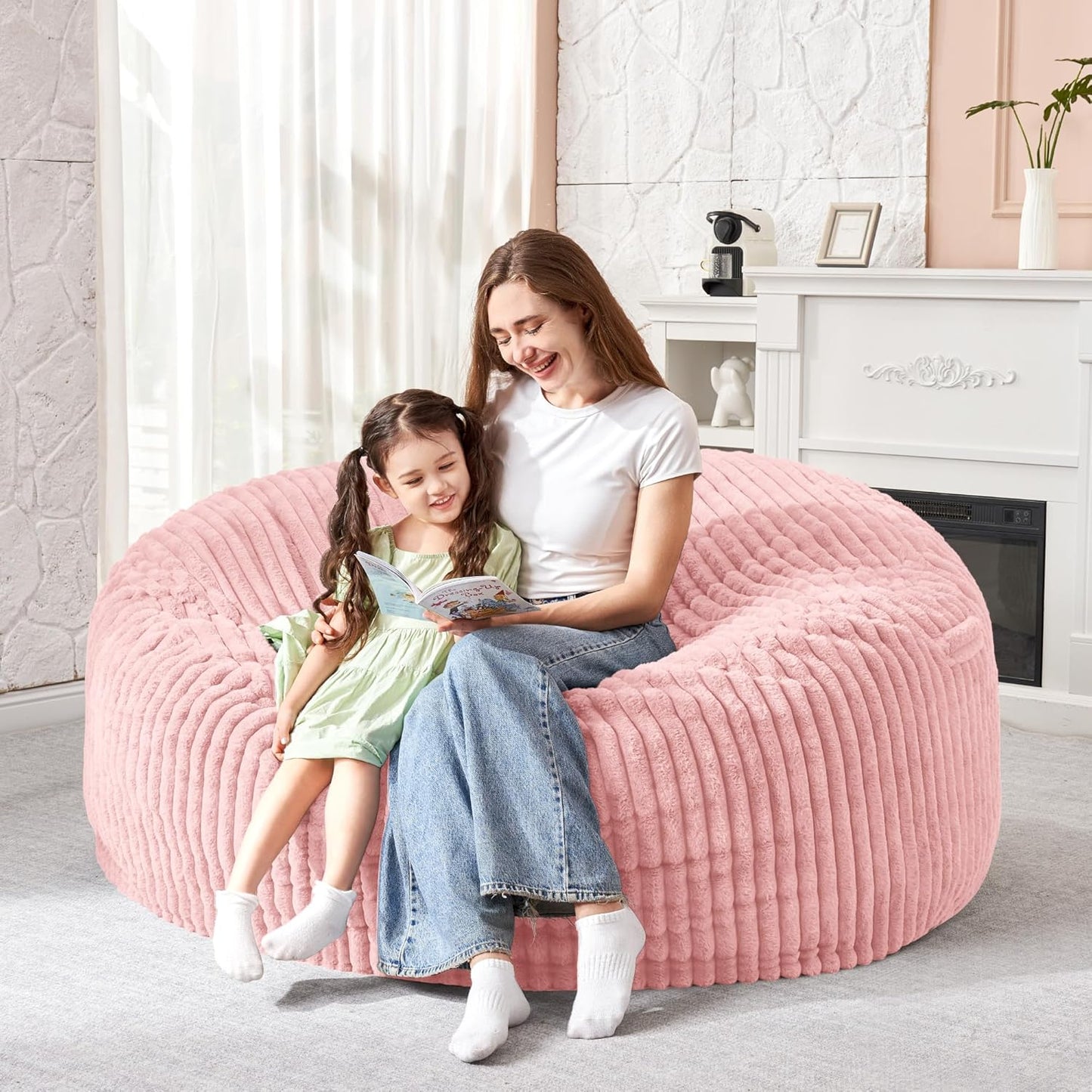 HABUTWAY 3FT Bean Bag Chair, 3' Large Bean Bag Chairs for Adults with Removable Stripe Plush Cover, Memory Foam Beanbag Chair for Living Room Bedroom Dorm (Tender Pink)